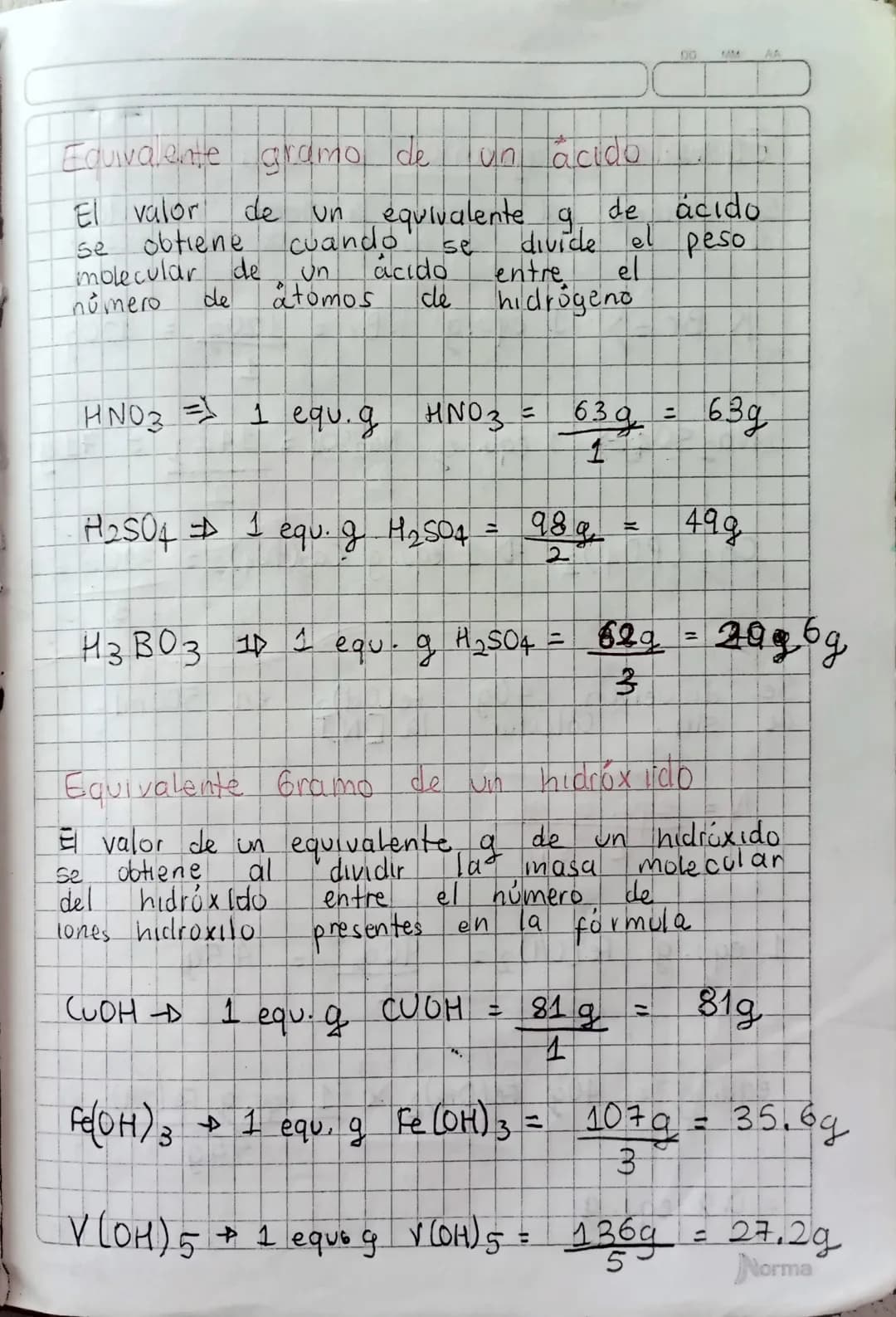 NORMALIDAD
Se define como los equivalentes g stox Lsin
N= equ.gsto
L sin
El valor de un equ.g depende de la
naturaleza del sto si este es