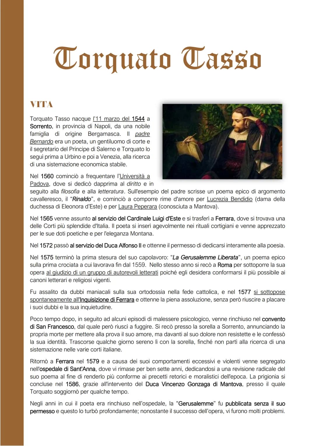 # Torquato Tasso
## VITA
Torquato Tasso nacque l'11 marzo del 1544 a
Sorrento, in provincia di Napoli, da una nobile
famiglia di origine B