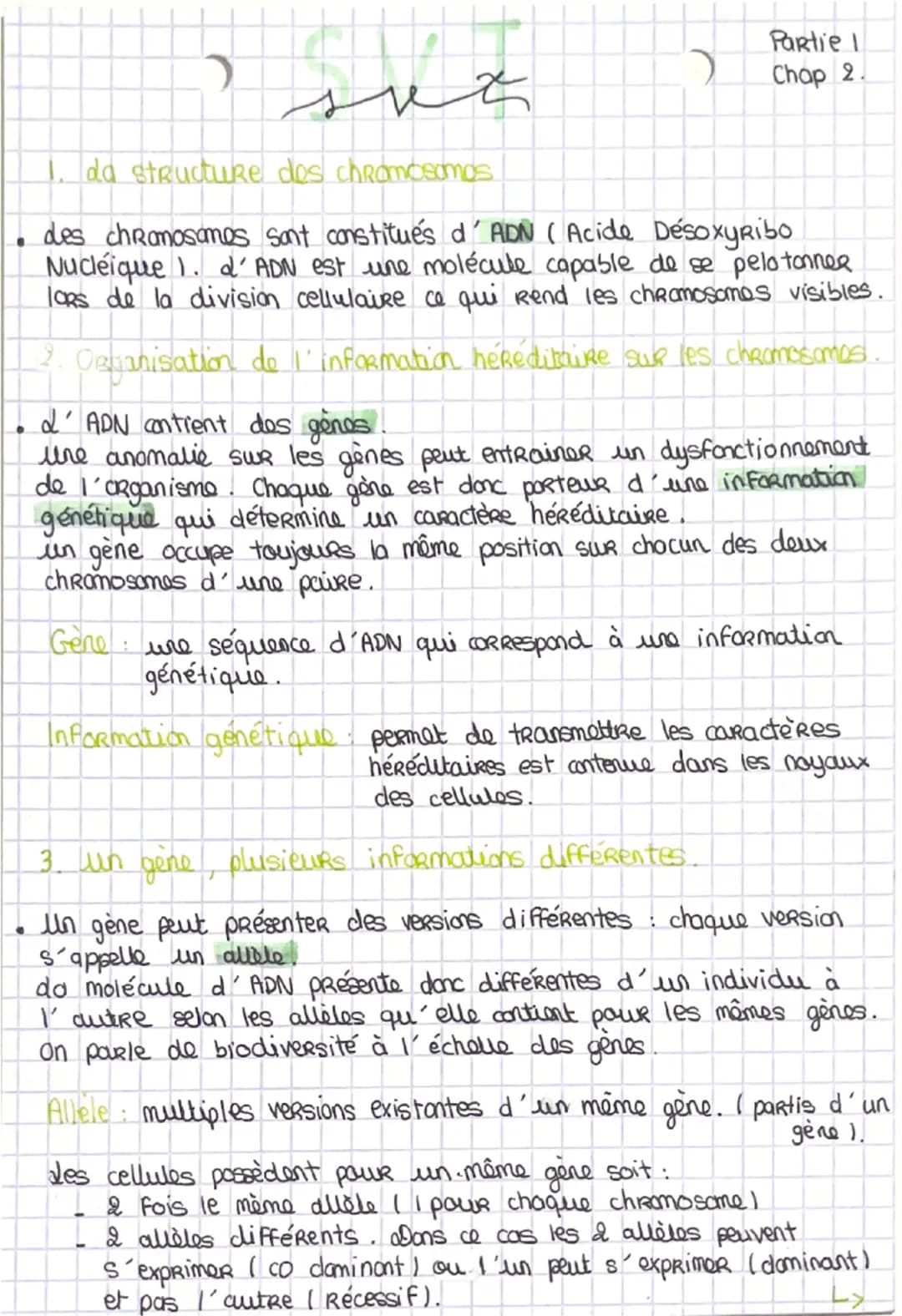 Partie I
Chap 2.
1. da structure des chromosomos
- des chromosomes sont constitués d'ADN (Acide Désoxyribo
Nucléique 1. d'ADN est une molé