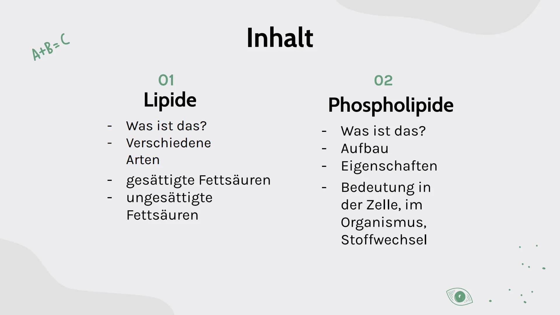 D
B
C
K
Lipide
von Maja, Sarah, Carla, Johanna und Assia
$A+B=C$ A+B=C
# Inhalt
01
# Lipide
- Was ist das?
- Verschiedene Arten
- gesätt