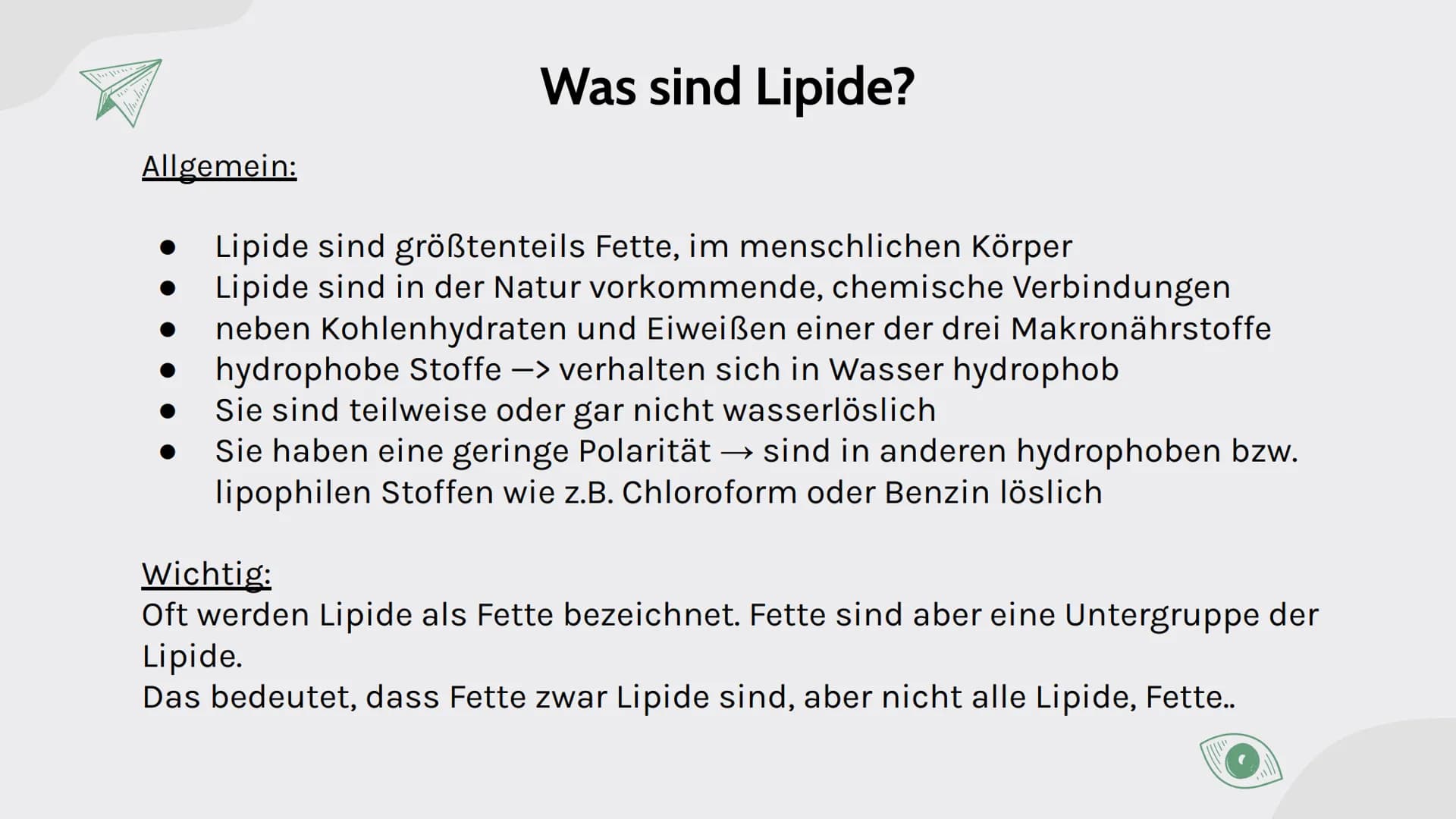 D
B
C
K
Lipide
von Maja, Sarah, Carla, Johanna und Assia
$A+B=C$ A+B=C
# Inhalt
01
# Lipide
- Was ist das?
- Verschiedene Arten
- gesätt