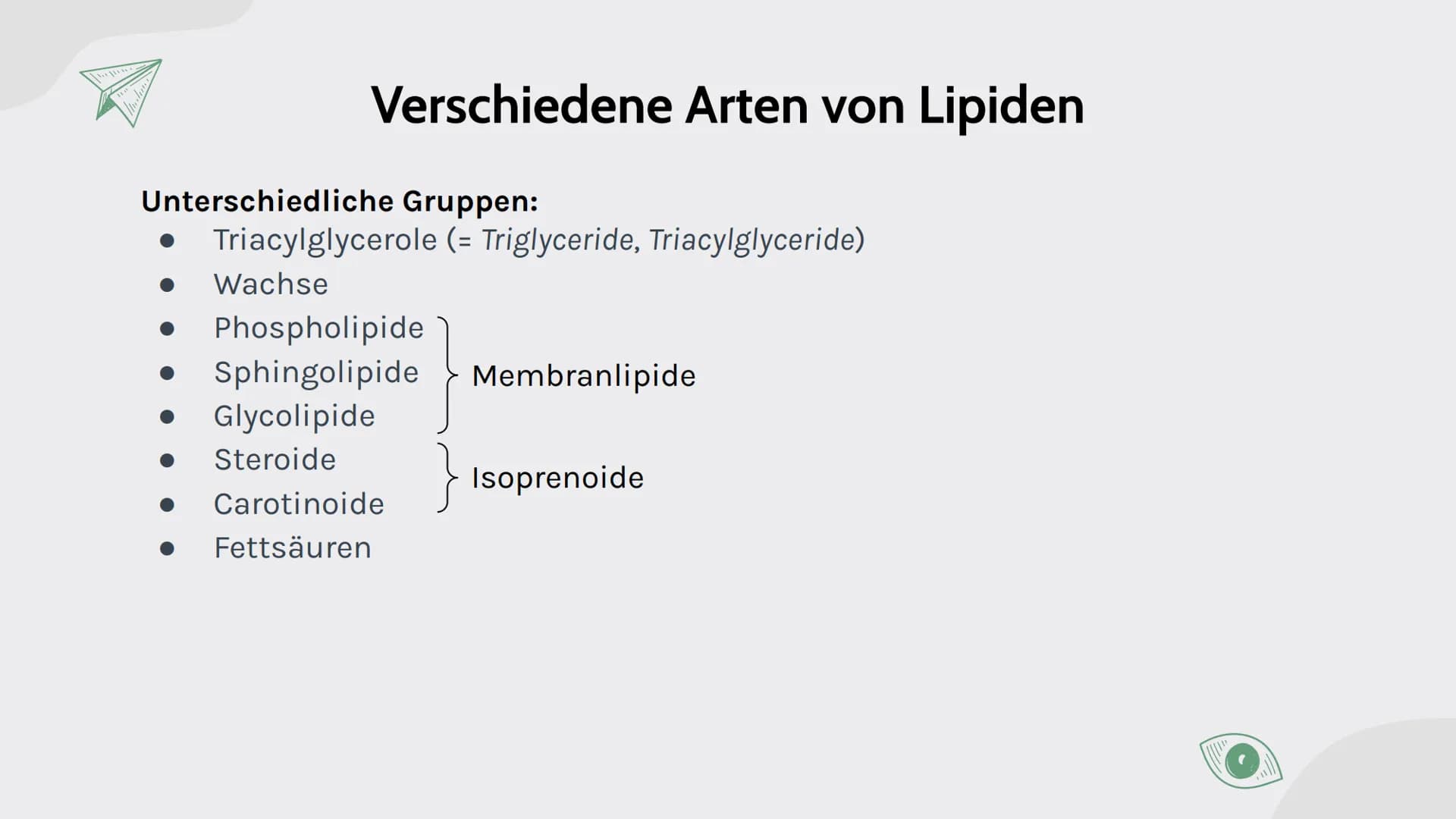 D
B
C
K
Lipide
von Maja, Sarah, Carla, Johanna und Assia
$A+B=C$ A+B=C
# Inhalt
01
# Lipide
- Was ist das?
- Verschiedene Arten
- gesätt