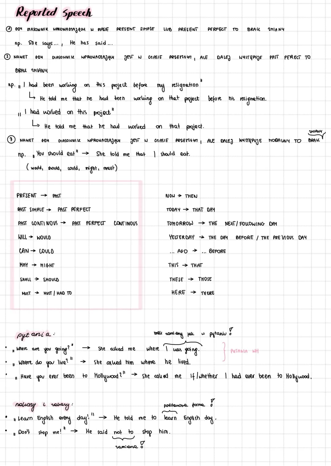 # Reported Speech
① GO4 MASOWNIK WPRONADIAJĄCY W MASIE PRESENT SIMPLE LUB PRESENT PERFECT TO BRAU ZMIANY
np. She says.... He has said...