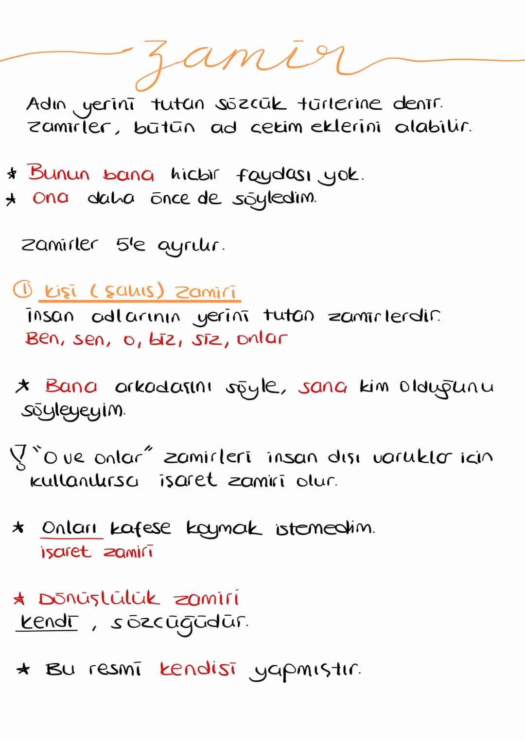 # zamir
Adın yerini tutan sözcük türlerine denir.
Zamirler, bütün ad çekim eklerini alabilir.
* Bunun bana hicbir faydası yok.
* ona daha ö
