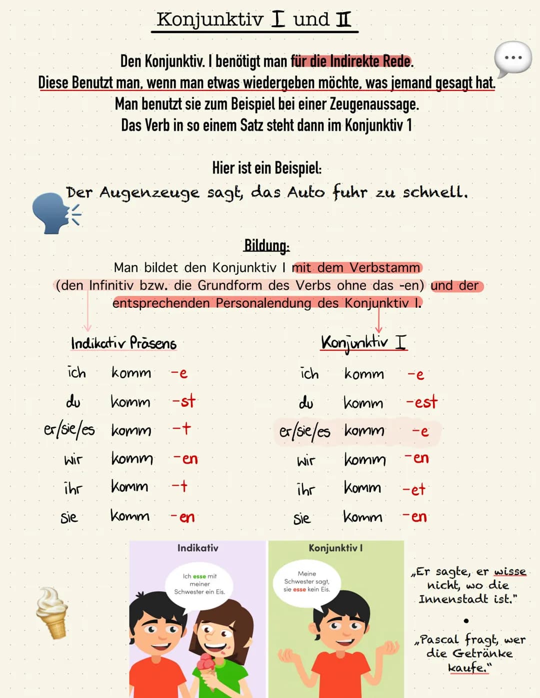 # Konjunktiv I und II
Den Konjunktiv. I benötigt man für die Indirekte Rede.
Diese Benutzt man, wenn man etwas wiedergeben möchte, was jema