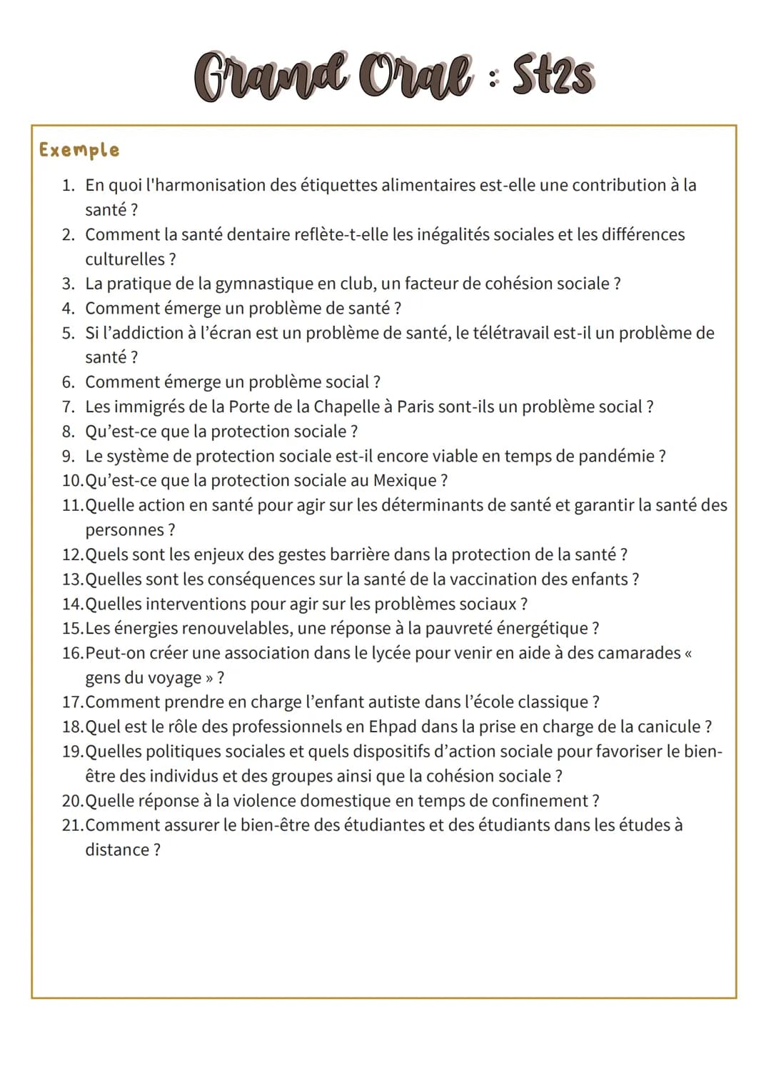 # Grand Oral: St2s
Exemple
1. En quoi l'harmonisation des étiquettes alimentaires est-elle une contribution à la
santé ?
2. Comment la san