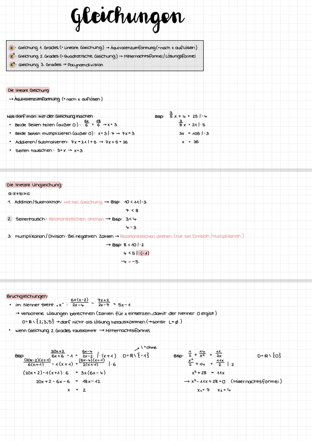 # Gleichungen
X: Gleichung 1. Grades (*Lineare Gleichung*) → Äquivalenzumformung (nach x auflásen)
X: Gleichung 2. Grades (*Quadratische Gl