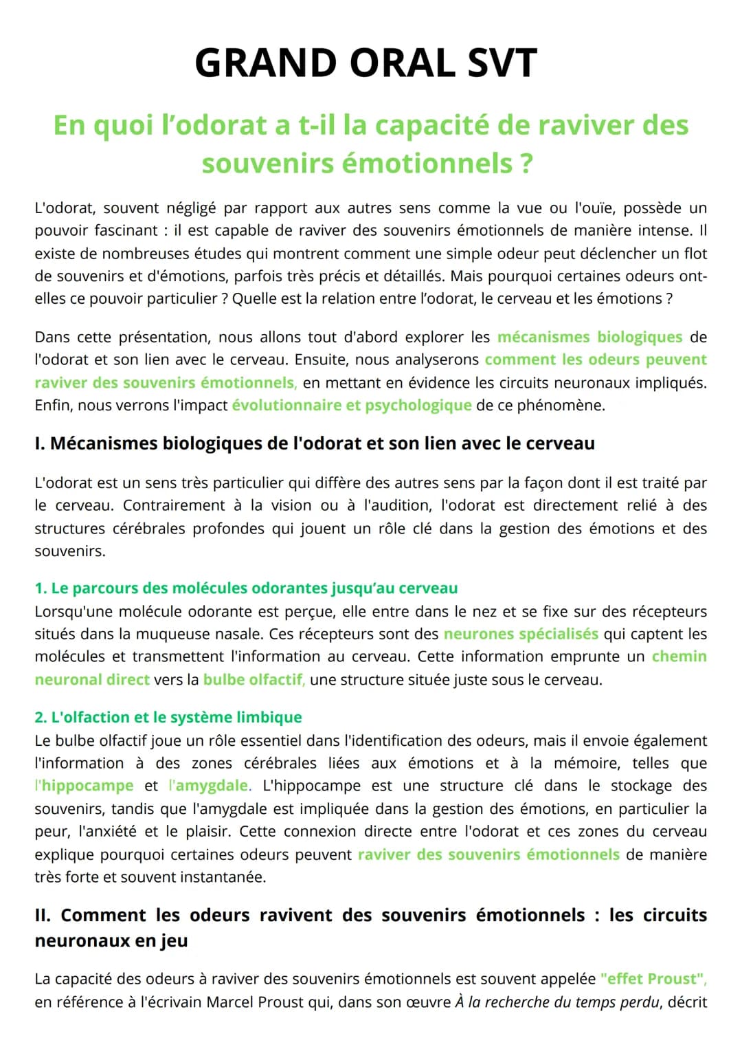 # GRAND ORAL SVT
En quoi l'odorat a t-il la capacité de raviver des
souvenirs émotionnels ?
L'odorat, souvent négligé par rapport aux autr