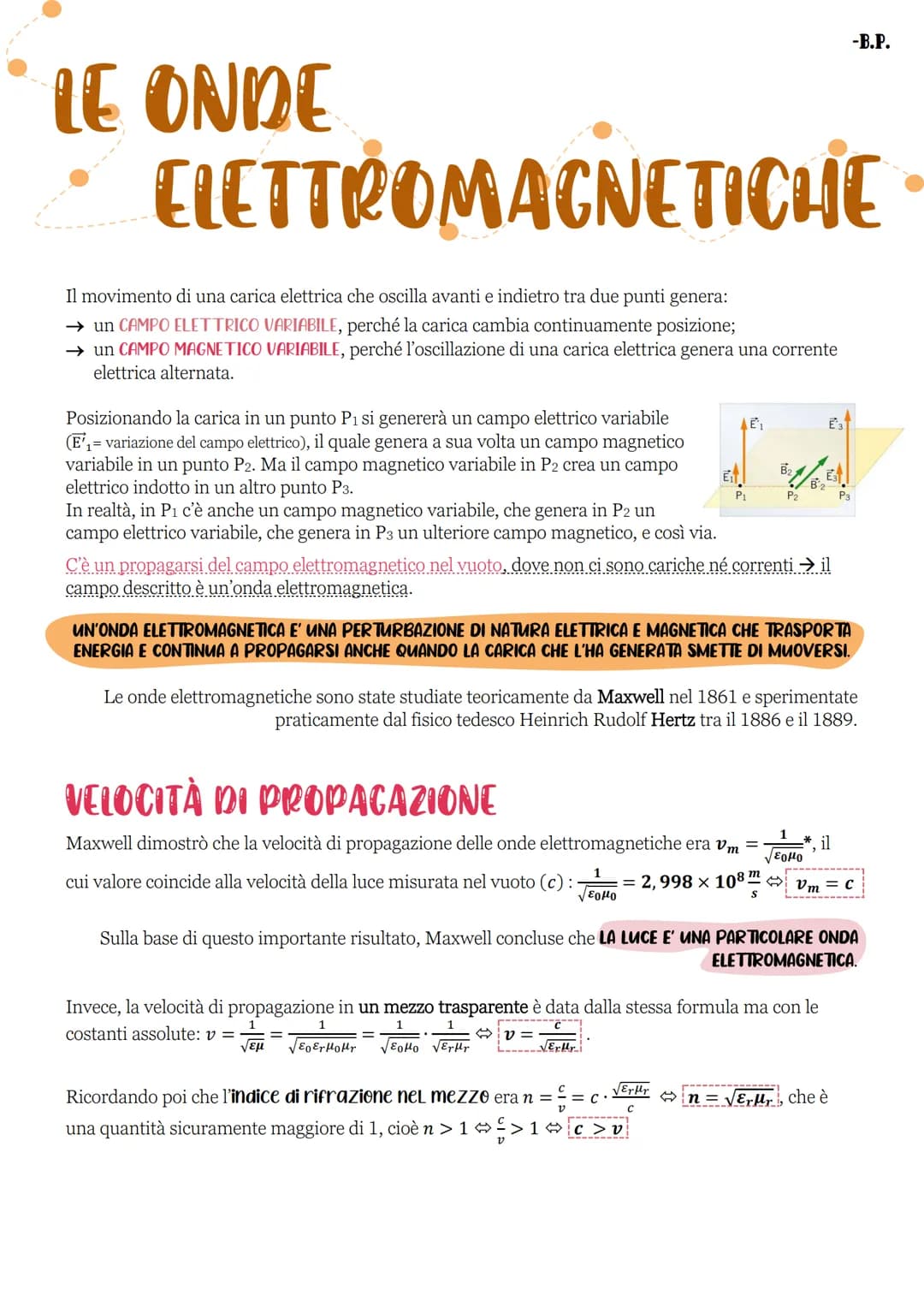 -B.P.
# LE ONDE
# ELETTROMAGNETICHE
Il movimento di una carica elettrica che oscilla avanti e indietro tra due punti genera:
→ un CAMPO