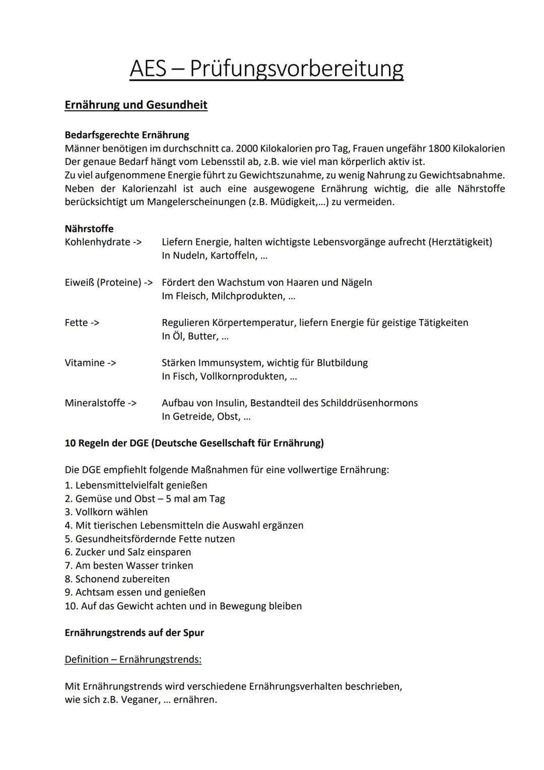 # AES - Prüfungsvorbereitung
Ernährung und Gesundheit
Bedarfsgerechte Ernährung
Männer benötigen im durchschnitt ca. 2000 Kilokalorien pro