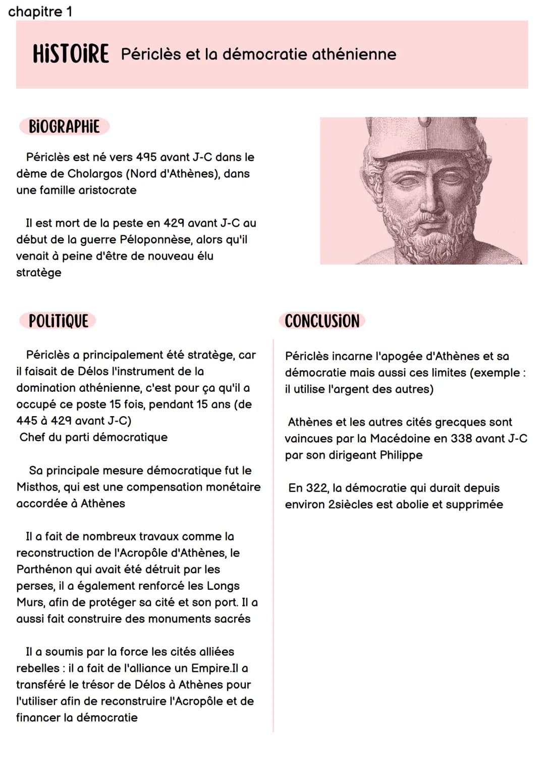 chapitre 1
HISTOIRE Périclès et la démocratie athénienne
BIOGRAPHIE
Périclès est né vers 495 avant J-C dans le
dème de Cholargos (Nord d'