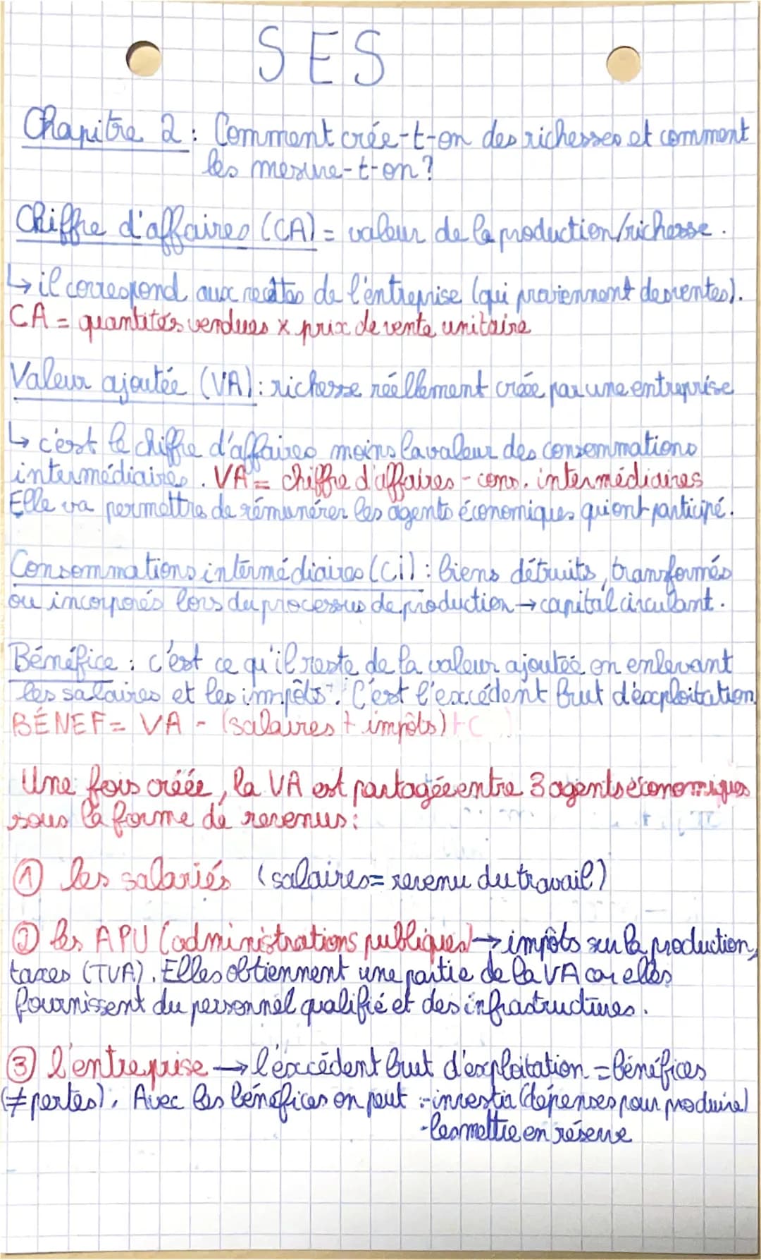 SES
Chapitre 2: Comment crée-t-on des richesses et comment
les mesure-t-on?
Chiffre d'affaires (CA) = valeur de la production/richesse.
→