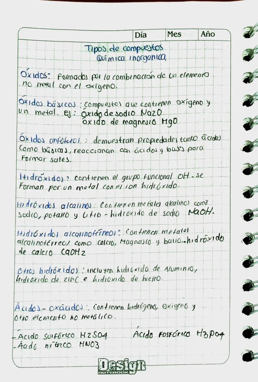 Día
Mes
Año
Tipos de compuestos
Quimica inorganica
Oxidos: Formados por la combinación de un elements
no metal con el oxigeno.
Oxidos bás