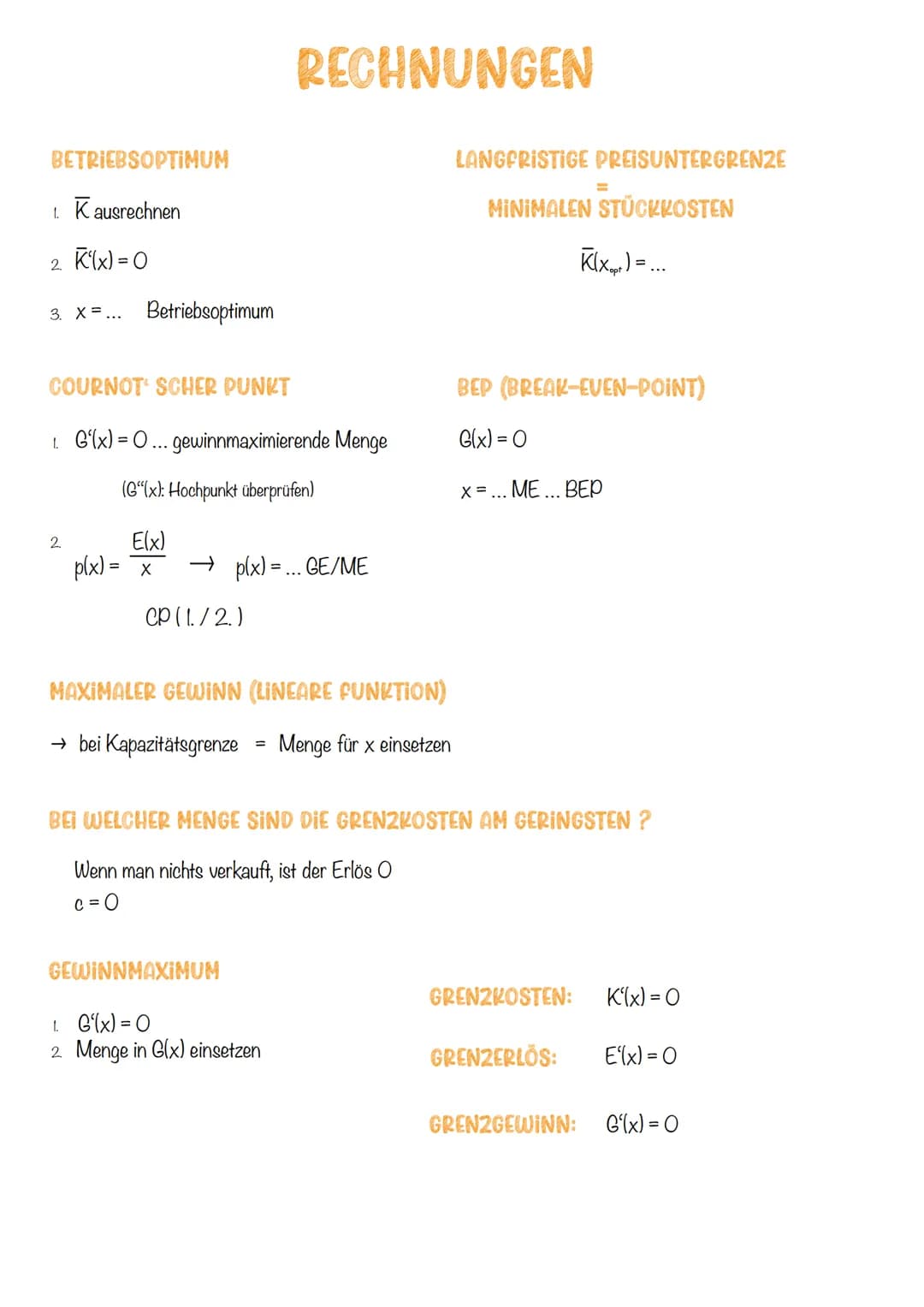 # KOSTEN UND PREISTHEORIE
Kostenfunktion K(x) (=Gesamtkostenfunktion)
$K(x) = Ku(x) + Kf(x)$
x... produzierte Menge $\rightarrow$ in Stüc