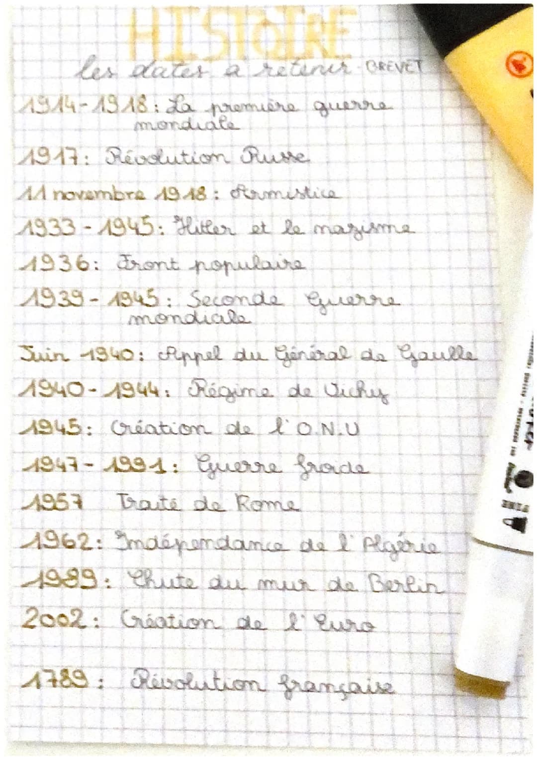 les dates a retenir BREVET
1914-1918: La première querre.
mondiale
1917: Révolution Russe
M novembre 1918: formistice
1933-1945: Hitler