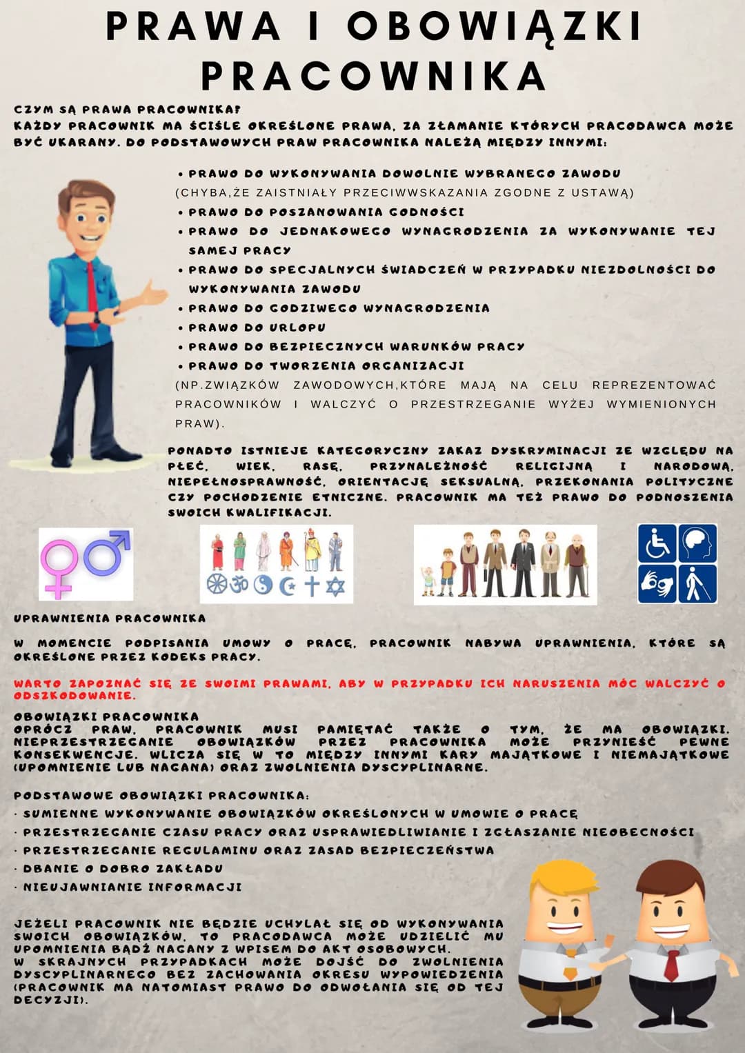 # PRAWA I OBOWIĄZKI
## PRACOWNIKA
CZYM SĄ PRAWA PRACOWNIKA?
KAŻDY PRACOWNIK MA ŚCIŚLE OKREŚLONE PRAWA, ZA ZŁAMANIE KTÓRYCH PRACODAWCA MOŻE