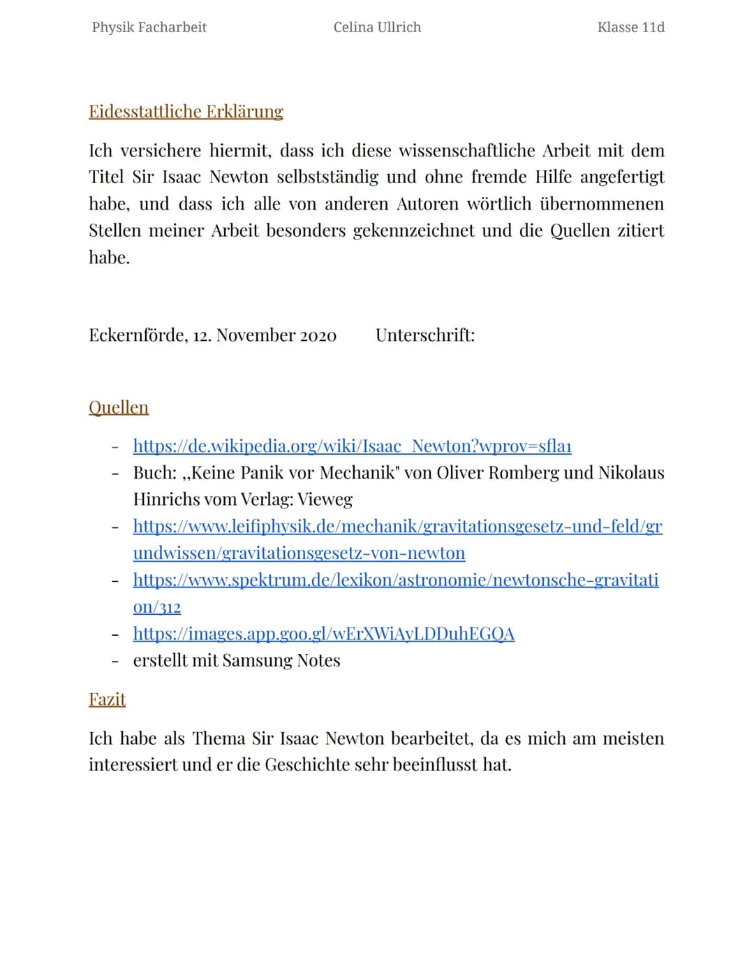 Physik Facharbeit
Celina Ullrich
Klasse 11d
# Sir Isaac Newton
englischer Naturforscher, Philosoph, Alchemist und Verwaltungsbeamter