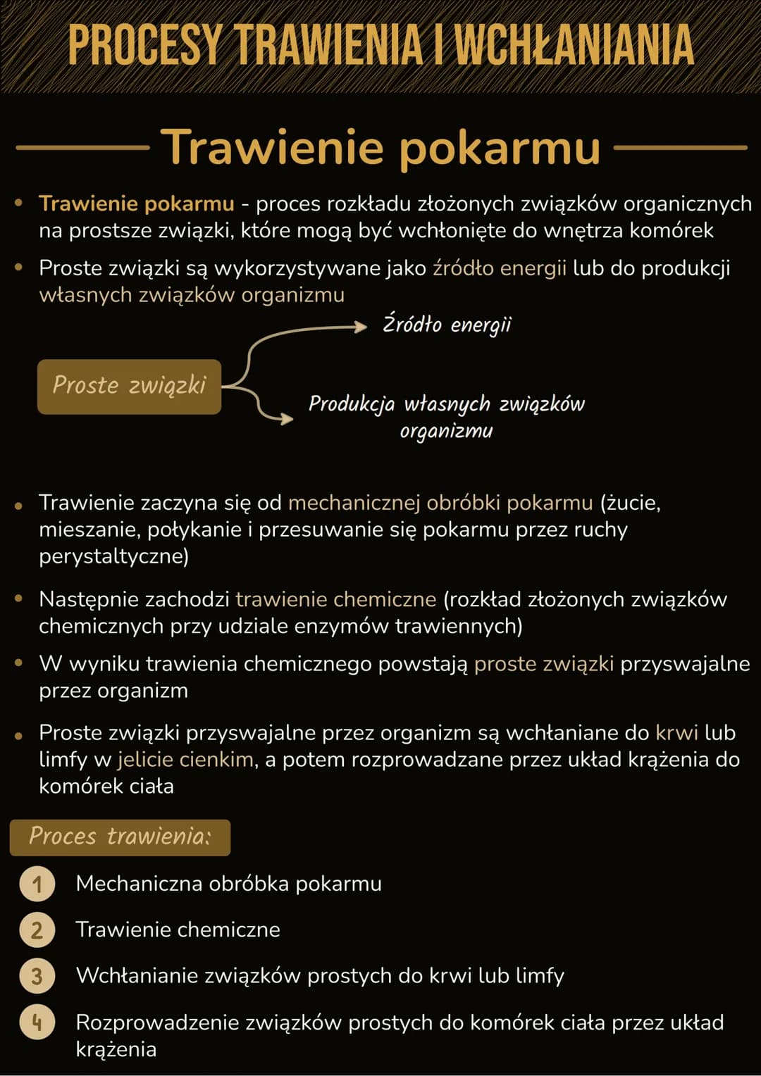 # PROCESY TRAWIENIA I WCHŁANIΑΝΙΑ
## Trawienie pokarmu
* Trawienie pokarmu - proces rozkładu złożonych związków organicznych
na pros