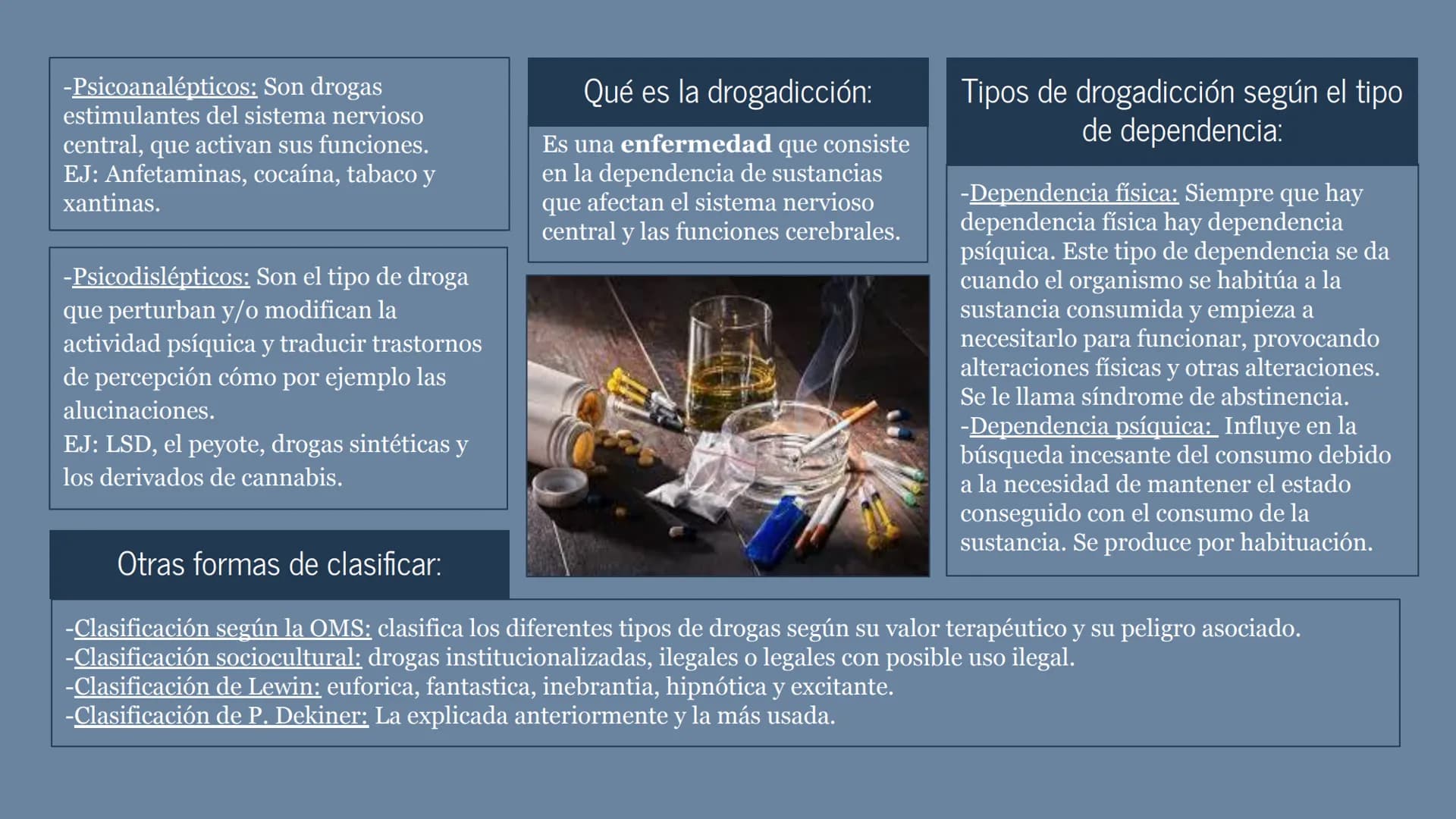 # Drogodependencias # ¿Qué son las drogas?
Normalmente se usa para referirse a
una sustancia usada sin fines
terapéuticos, autoadministrada