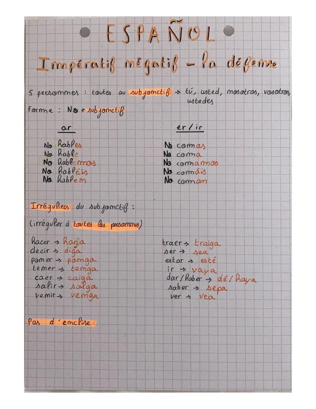 ESPAÑOL
Impératif positif -
5 persommes à impératif (2) tú, vosotros
αυ
P'ordre
• subfamctif (3) usted, masatras, ustedes.
-ar
-er/ir
c