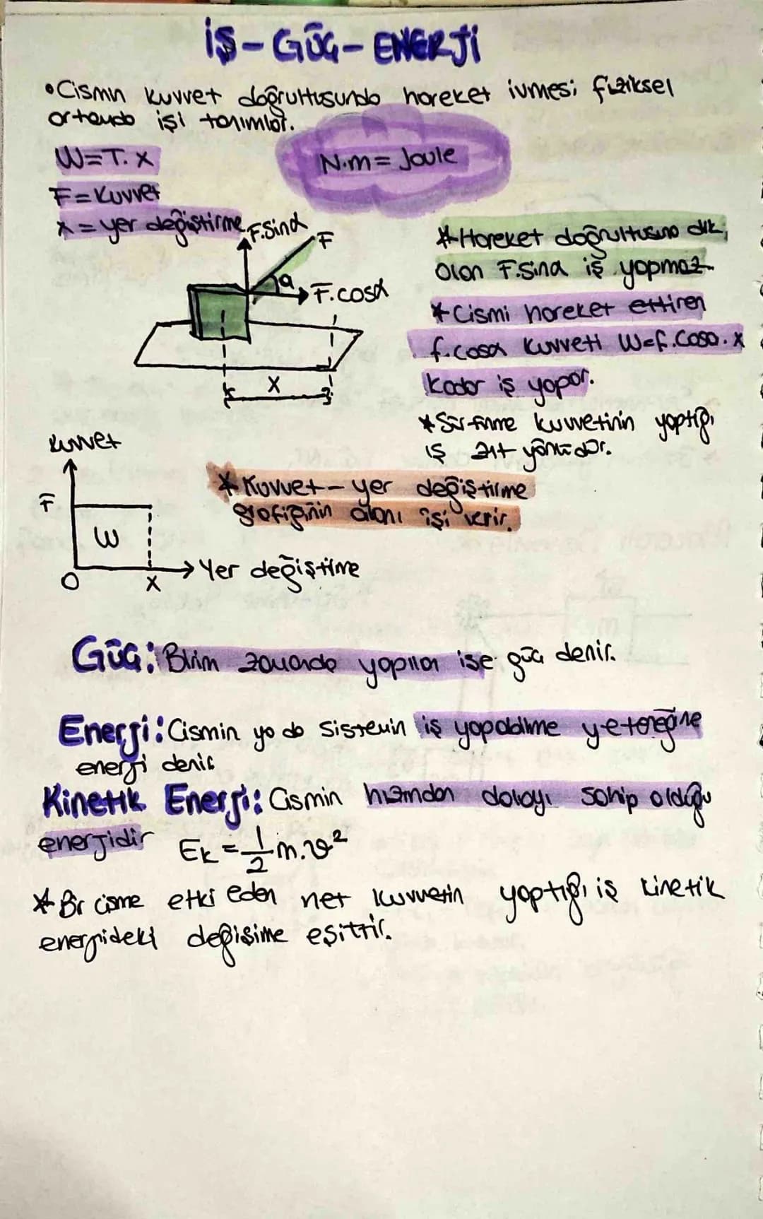 # IS-GUG-ENERJI
•Cismn kuvvet doprultusundo horeket ivmes; fiziksel
orteudo işi trimior.
W=T. x
F=Kuvver
x = yer değiştirme F.sind
N.m =