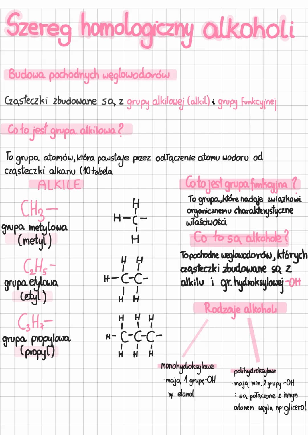 # Szereg homologiczny alkoholi
Budowa pochodnych węglowodorów
Cząsteczki zbudowane sa z grupy alkilowej (alkil) & grupy funkcyjnej
Co to
