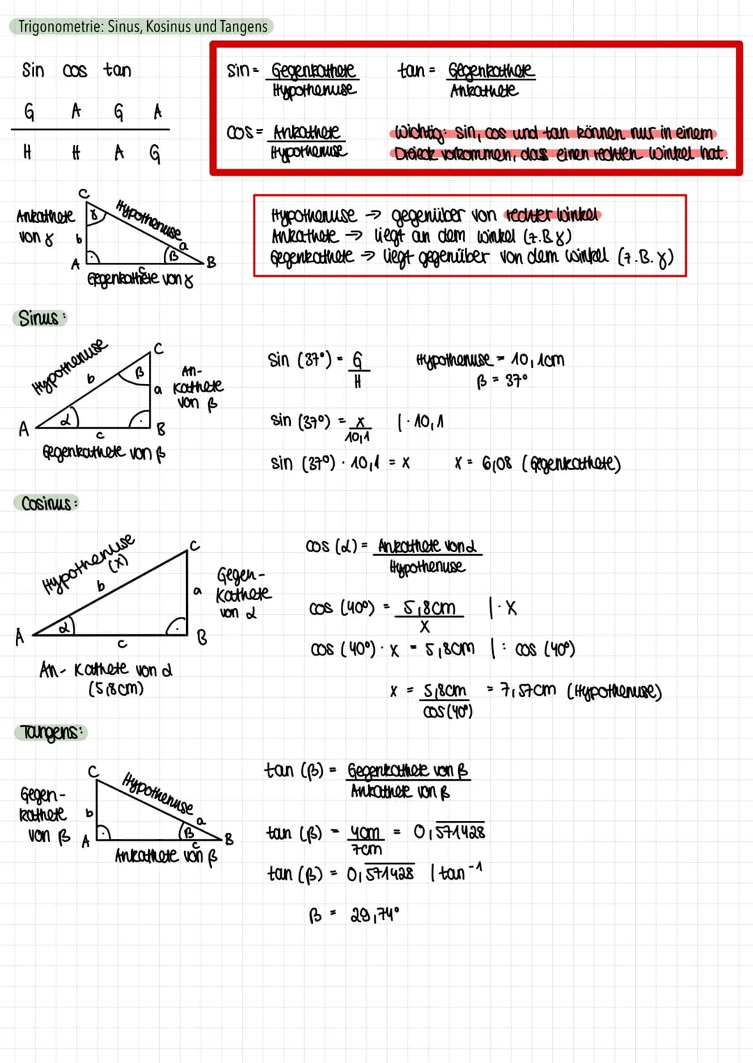 Trigonometrie: Sinus, Kosinus und Tangens
Sin cos tan
GAGA
H
HAG
Ankathete
von γ
Sinus:
C
b
A
A
Hypothenuse
a
BB
Gegenkattière