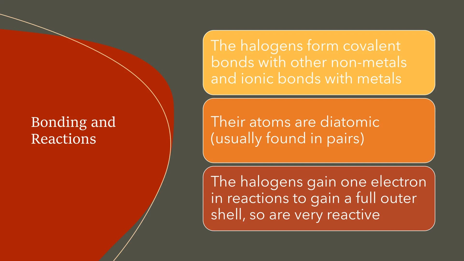 # Group 7 – the
Halogens The Halogens
The halogens are
non-metals
They have 7 outer
shell electrons
They are very reactive They form 1- i