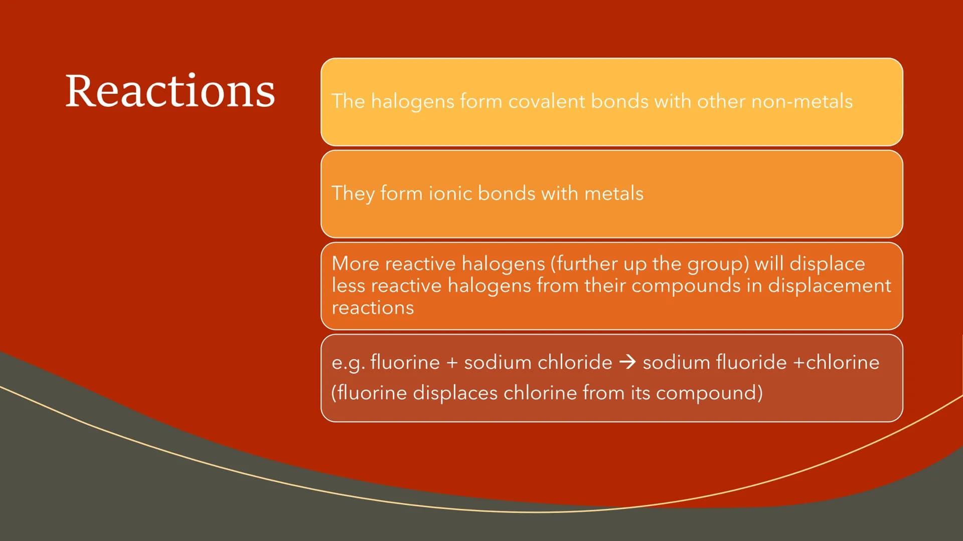 # Group 7 – the
Halogens The Halogens
The halogens are
non-metals
They have 7 outer
shell electrons
They are very reactive They form 1- i