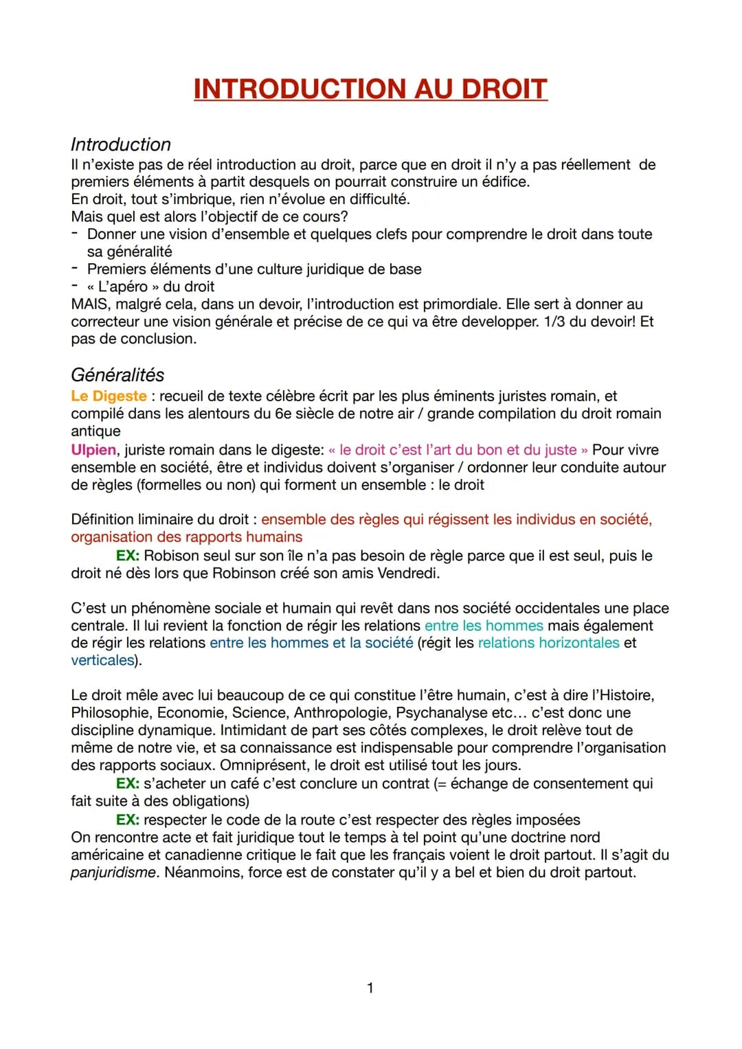 # INTRODUCTION AU DROIT
Introduction
Il n'existe pas de réel introduction au droit, parce que en droit il n'y a pas réellement de
premiers
