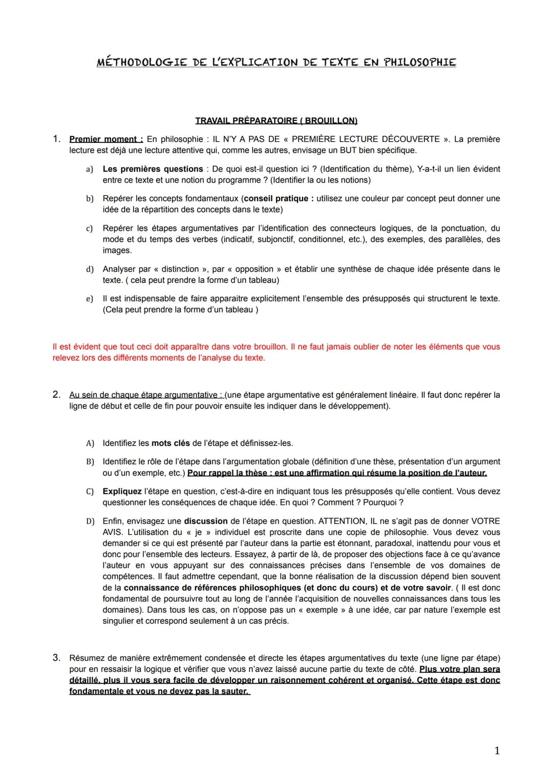 # MÉTHODOLOGIE DE L'EXPLICATION DE TEXTE EN PHILOSOPHIE
TRAVAIL PRÉPARATOIRE (BROUILLON)
1. Premier moment: En philosophie: IL N'Y A PAS D