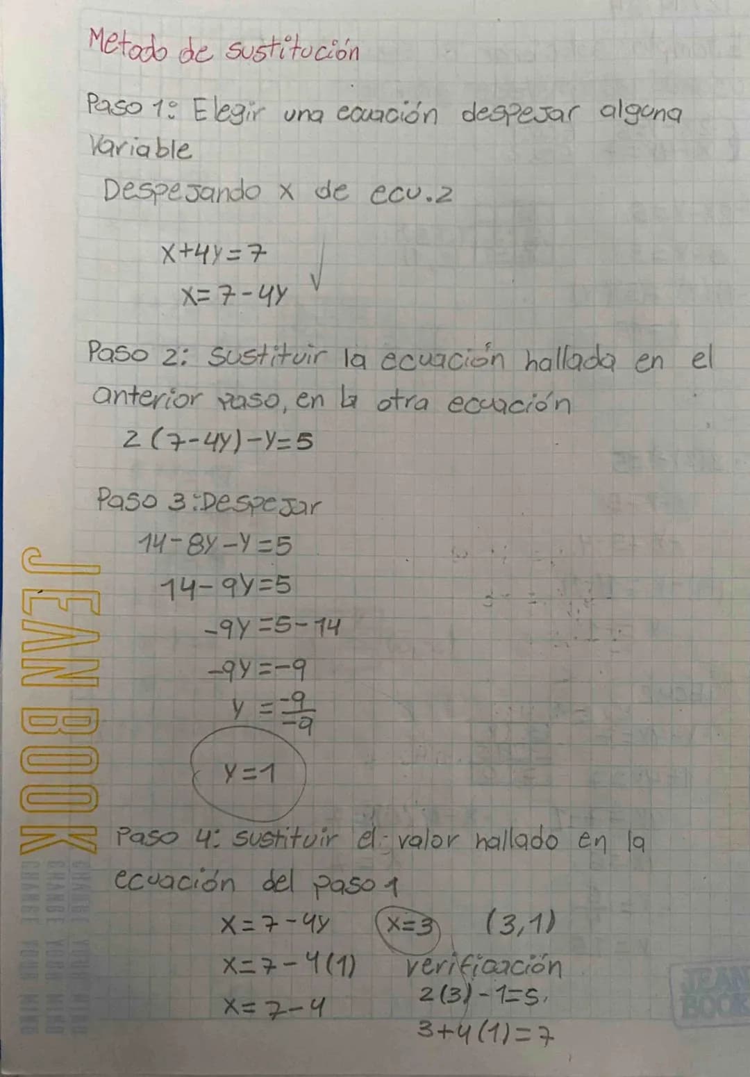 Metado de sustitución.
Paso 1: Elegir una ecuación despejar alguna
Variable
Despejando x de ecu.z
x+4y=7
X=7-44
V
Paso 2: Sustituir la ecua