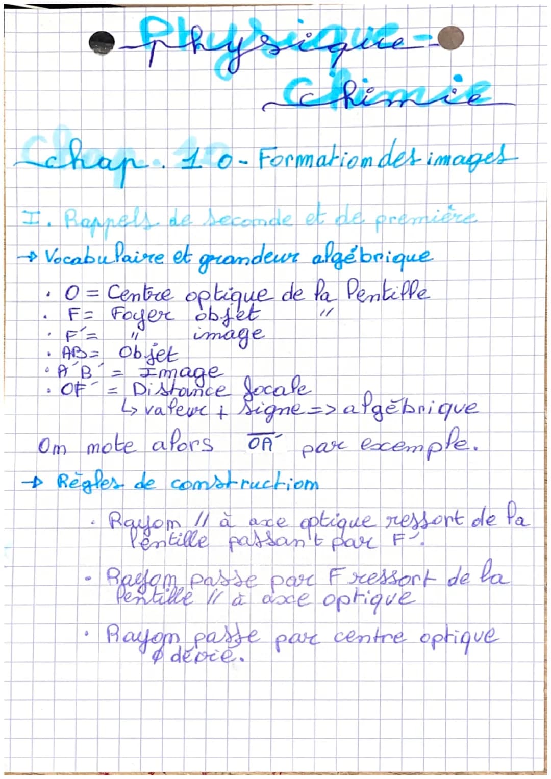 - Physil qire
Chimie
chap. 10-Formation des images
I. Rappels, de seconde et de première
→→ Vocabulaire et grandeur algébrique
- 0 = Ce