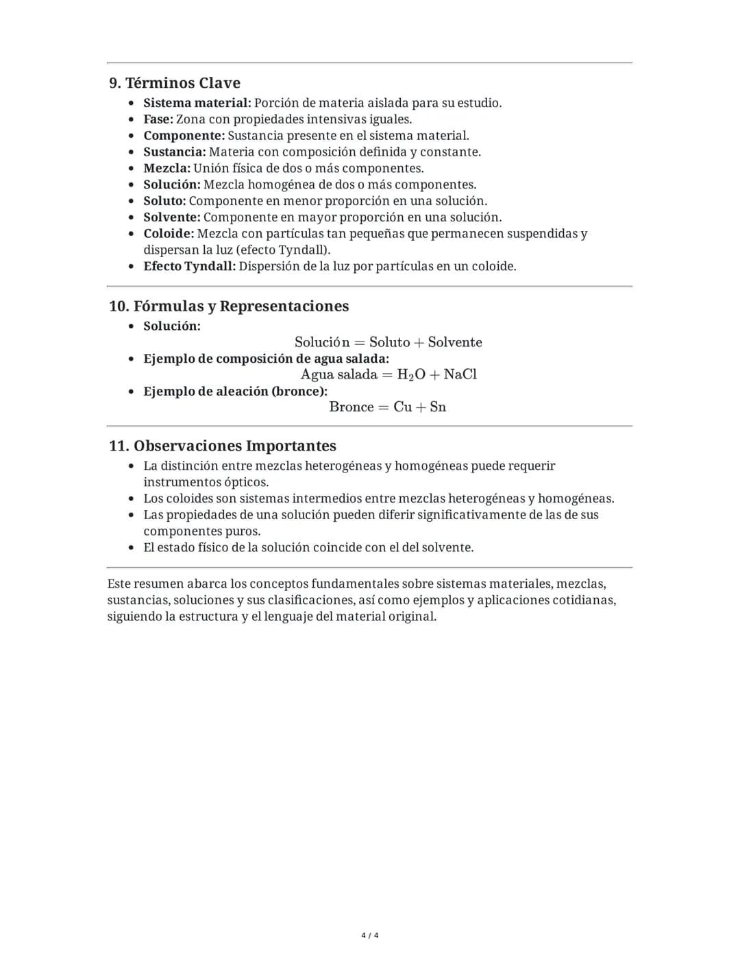 Resumen de los Contenidos
1. Propiedades y Clasificación de los Sistemas Materiales
Definición de Sistema Material
• Un sistema material es