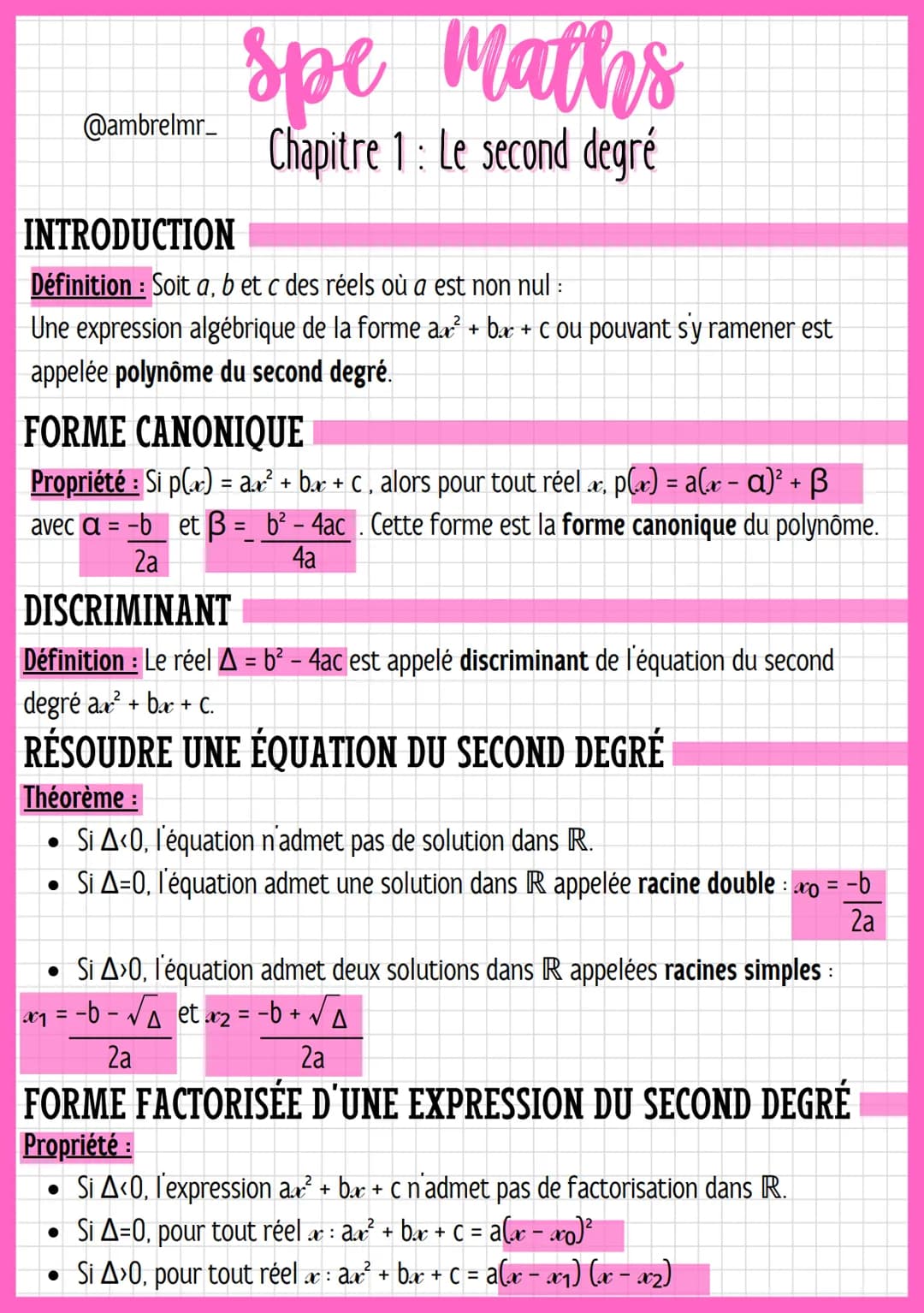 # spe Maths
@ambrelmr_
Chapitre 1: Le second degré
INTRODUCTION
Définition: Soit a, b et c des réels où a est non nul :
Une expression