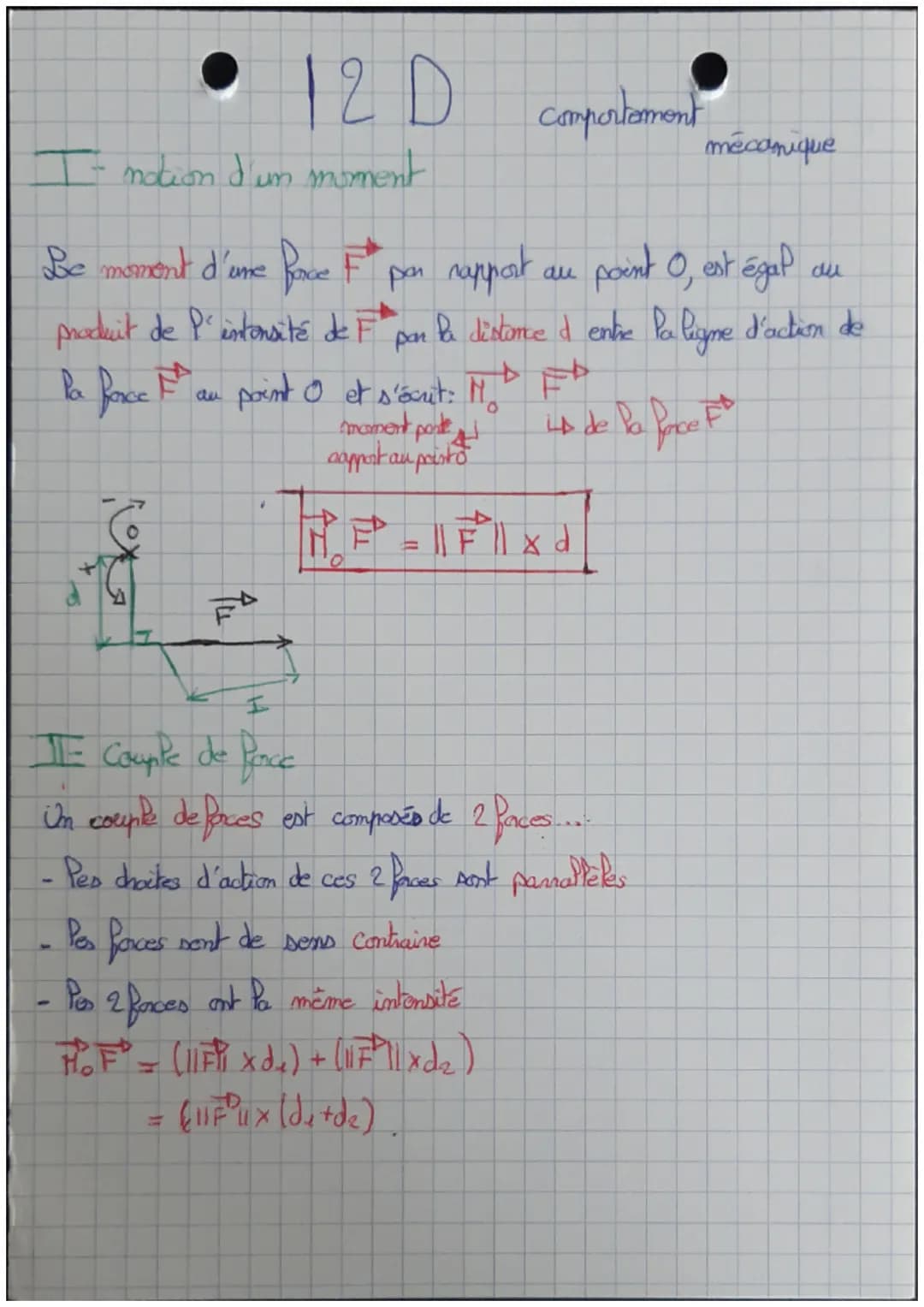 # 12D 12D comportament
mécanique
I- notion d'un moment
Be moment d'une face $\overrightarrow{F}$ par rapport au point O, est égal au
produi