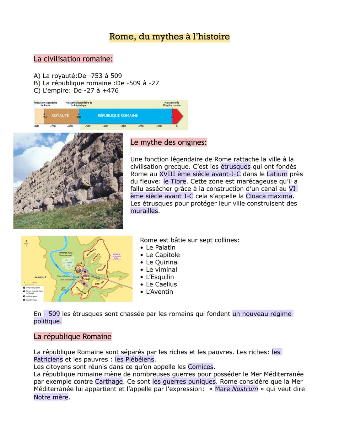 # Rome, du mythes à l'histoire
La civilisation romaine:
A) La royauté: De -753 à 509
B) La république romaine: De -509 à -27
C) L'empire: D