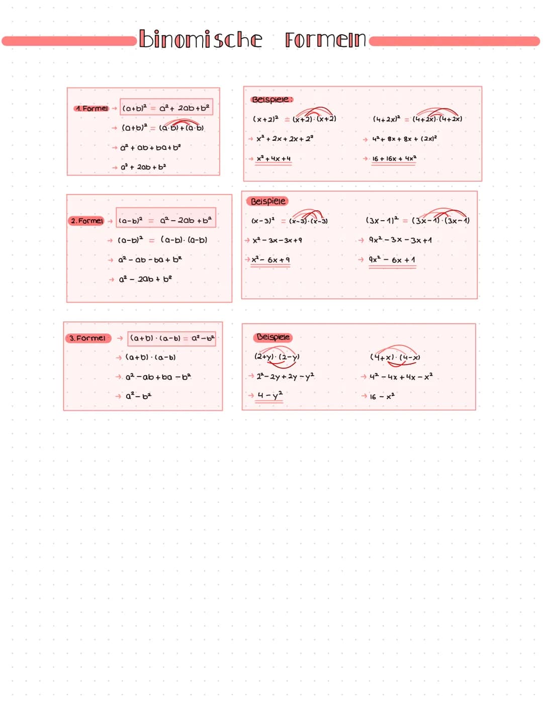 # binomische Formein
1. Formel
$(a+b)^2$= a²+ 2ab+b²
→ $(a+b)^2$= $(a+b)$ + $(a+b)$
→ a² + ab + ba+b²
→ a² + 2ab + b²
Beispiele:
$(x+2)