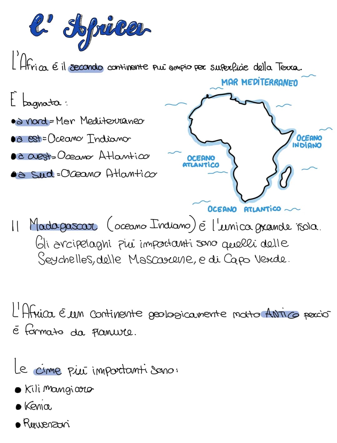 # l' Africa
L'Africa é il secondo continente pui ampio per superficie della Terra.
E bagnata:
* a nord = Mar Mediterraneo
* a est=Oce