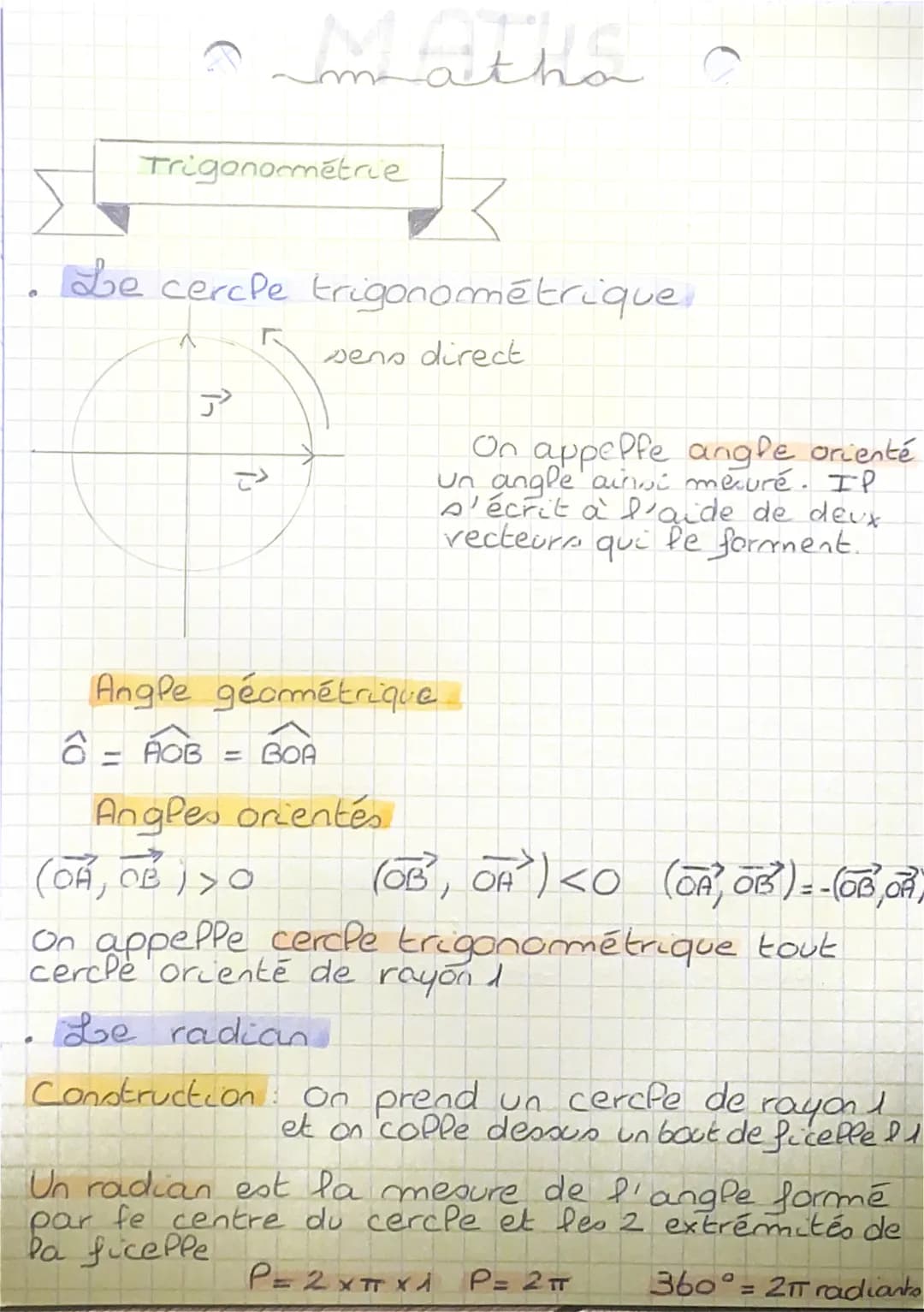 maths
Trigonométrie
Le cercle trigonométrique
닌
sens direct
On appelfe angle orienté
Un angle ainsi mesuré. IP
s'écrit à l'aide de deux