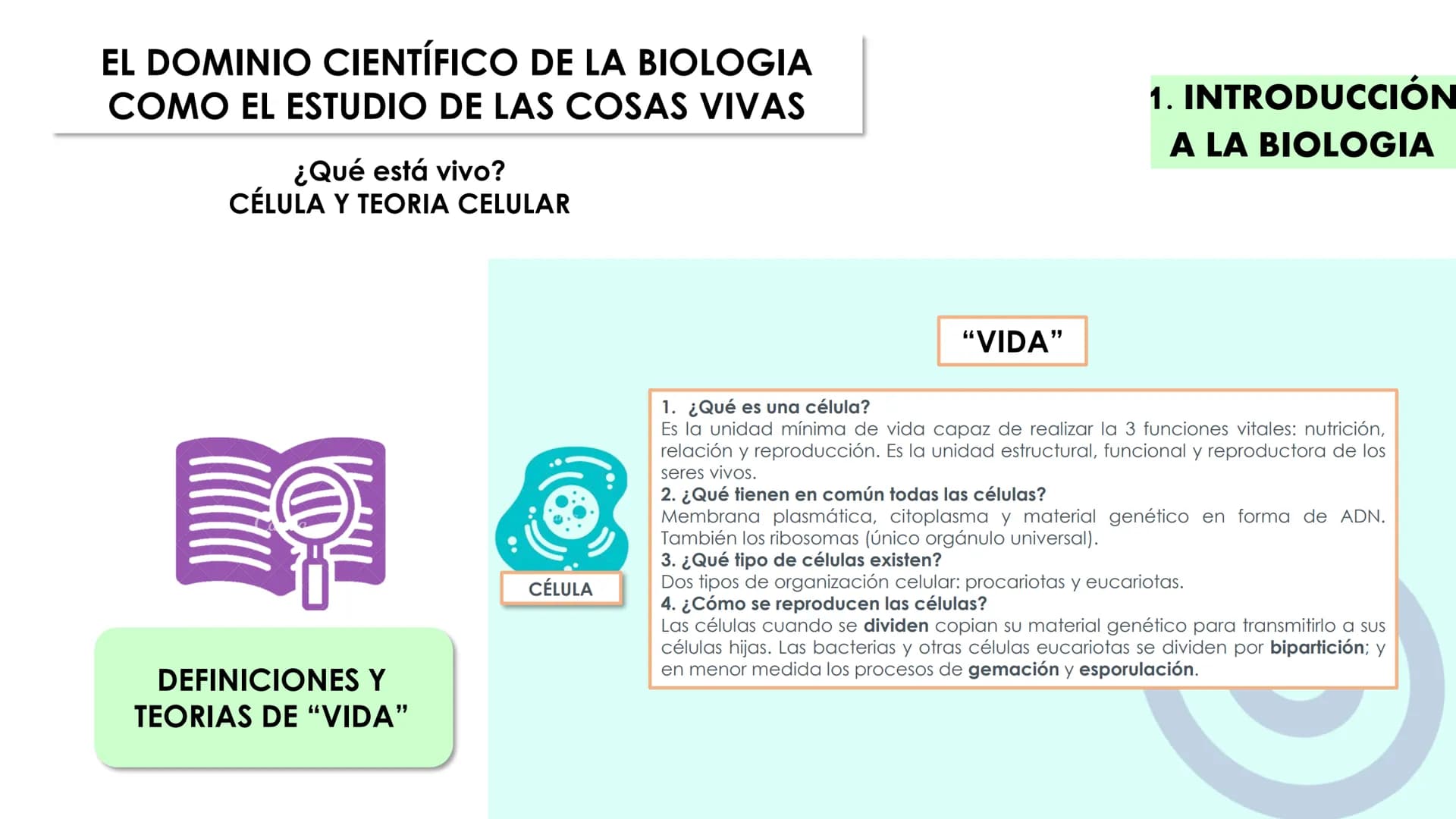 # UNIDAD 1.
# CÉLULA # ÍNDICE
INTRODUCCIÓN A LA BIOLOGÍA:
Vivo/no vivo; niveles de organización; definiciones "Vida"; Célula
y Teoría celul