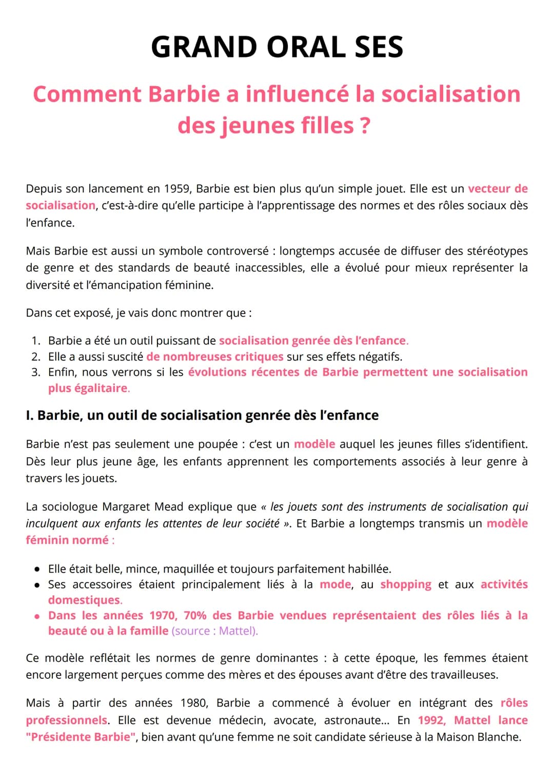 # GRAND ORAL SES
Comment Barbie a influencé la socialisation
des jeunes filles ?
Depuis son lancement en 1959, Barbie est bien plus qu'un