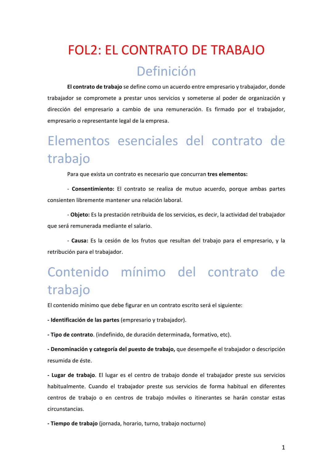 # FOL2: EL CONTRATO DE TRABAJO
## Definición
El contrato de trabajo se define como un acuerdo entre empresario y trabajador, donde
trabaja