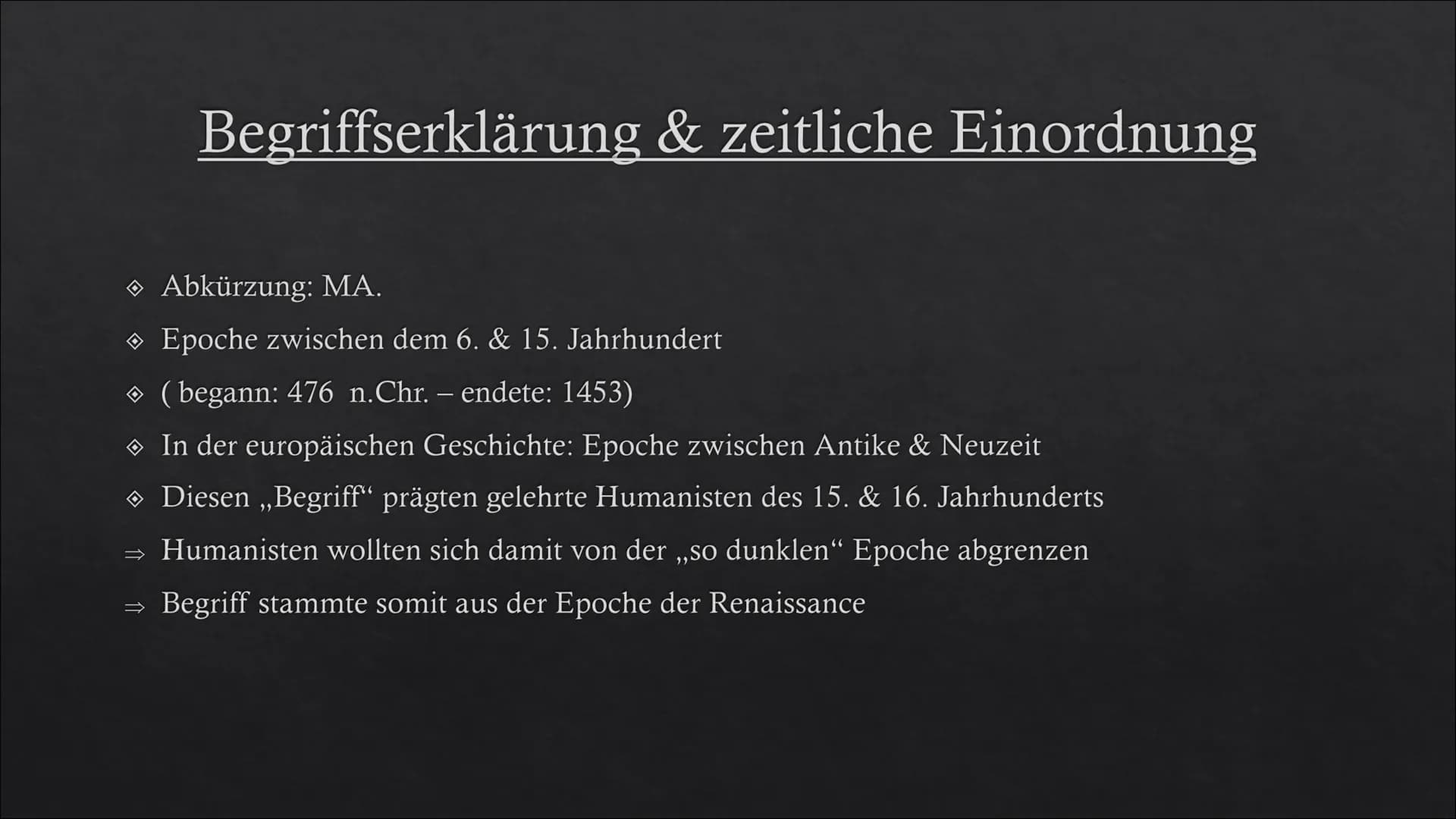 <p>Das Mittelalter ist eine Epoche zwischen dem 6. und 15. Jahrhundert, die in der europäischen Geschichte zwischen Antike und Neuzeit lieg