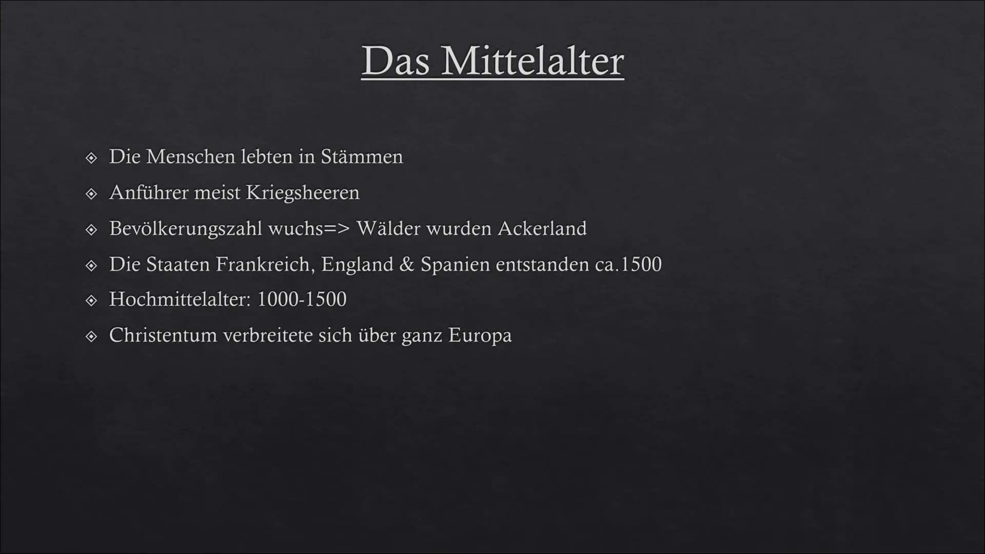 <p>Das Mittelalter ist eine Epoche zwischen dem 6. und 15. Jahrhundert, die in der europäischen Geschichte zwischen Antike und Neuzeit lieg