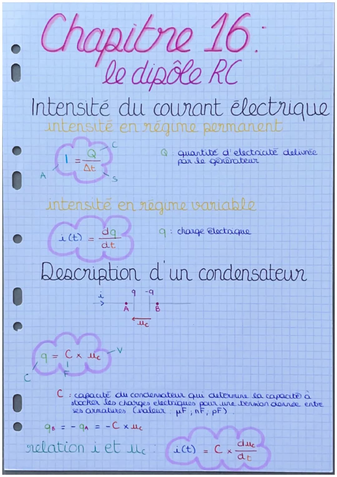 # Chapitre 16:
le dipôle RC
Intensité du courant électrique
intensité en régime permanent
C
I = $\frac{Q}{Δε}$
A
S
Q quantité d'electriat