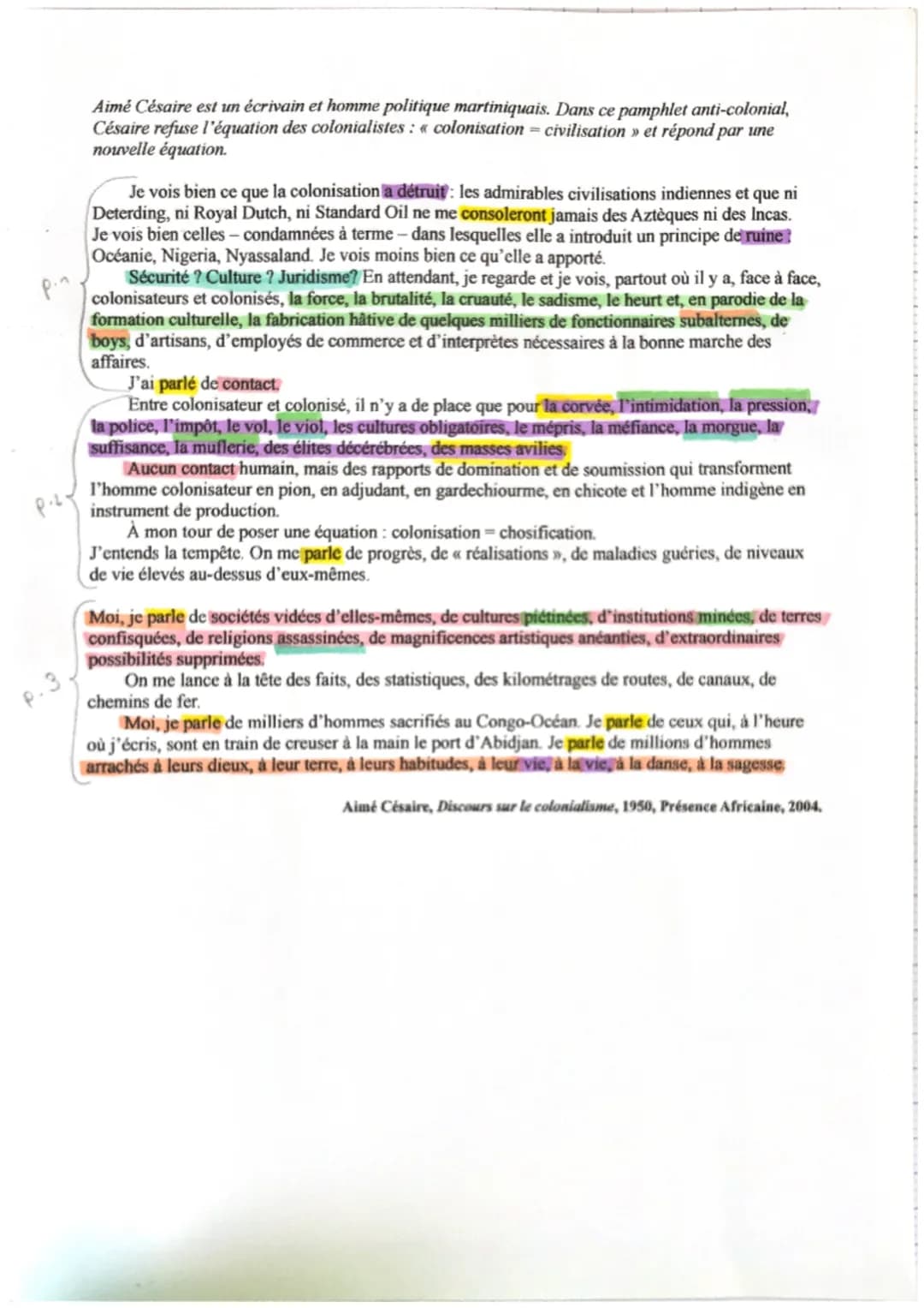 # le colonialisme
1. Intro
Aimé Césaire écrit en 1950 un discours sur le colonialisme
pour dénoncer tous les actes de violence et de barba