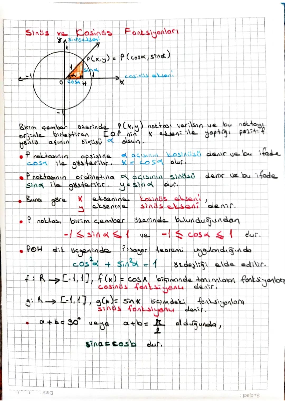 # Sinüs ve Kosinüs Fonksiyonları
Siniselsen
$P(x,y) = P(cos\alpha, sin\alpha)$
casinis aksen
OCOSH
Birim çember veerinde P(x,y) noktası
