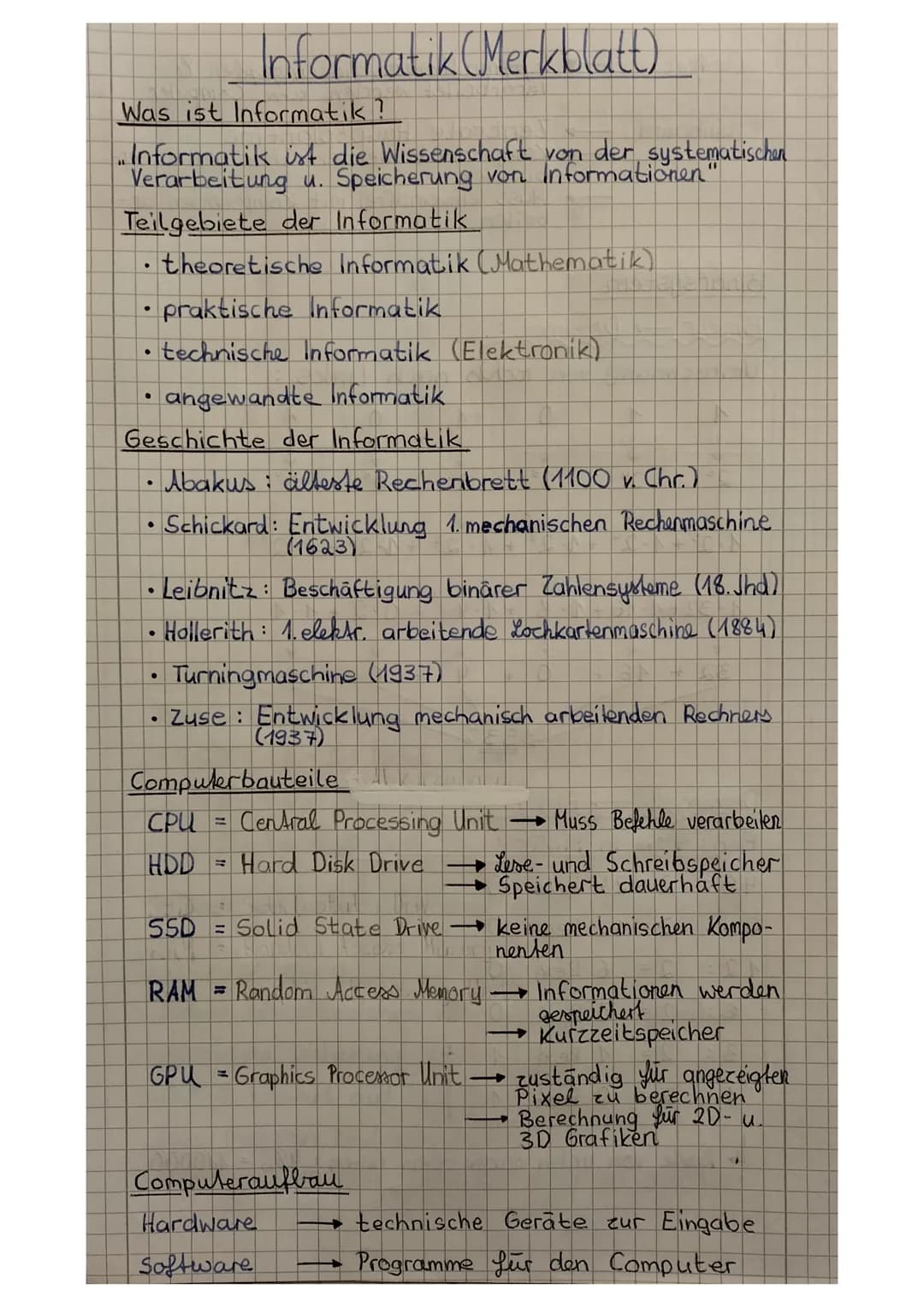 # Informatik (Merkblatt)
Was ist Informatik?
"Informatik ist die Wissenschaft von der systematischen
Verarbeitung u. Speicherung von Infor