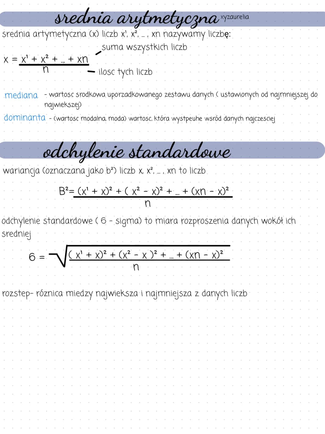 # srednia arytmetyczпа «угaurella
srednia artymetyczna (x) liczb x', x².... xn nazywamy liczbę:
- suma wszystkich liczb
$x = \frac{x' + x